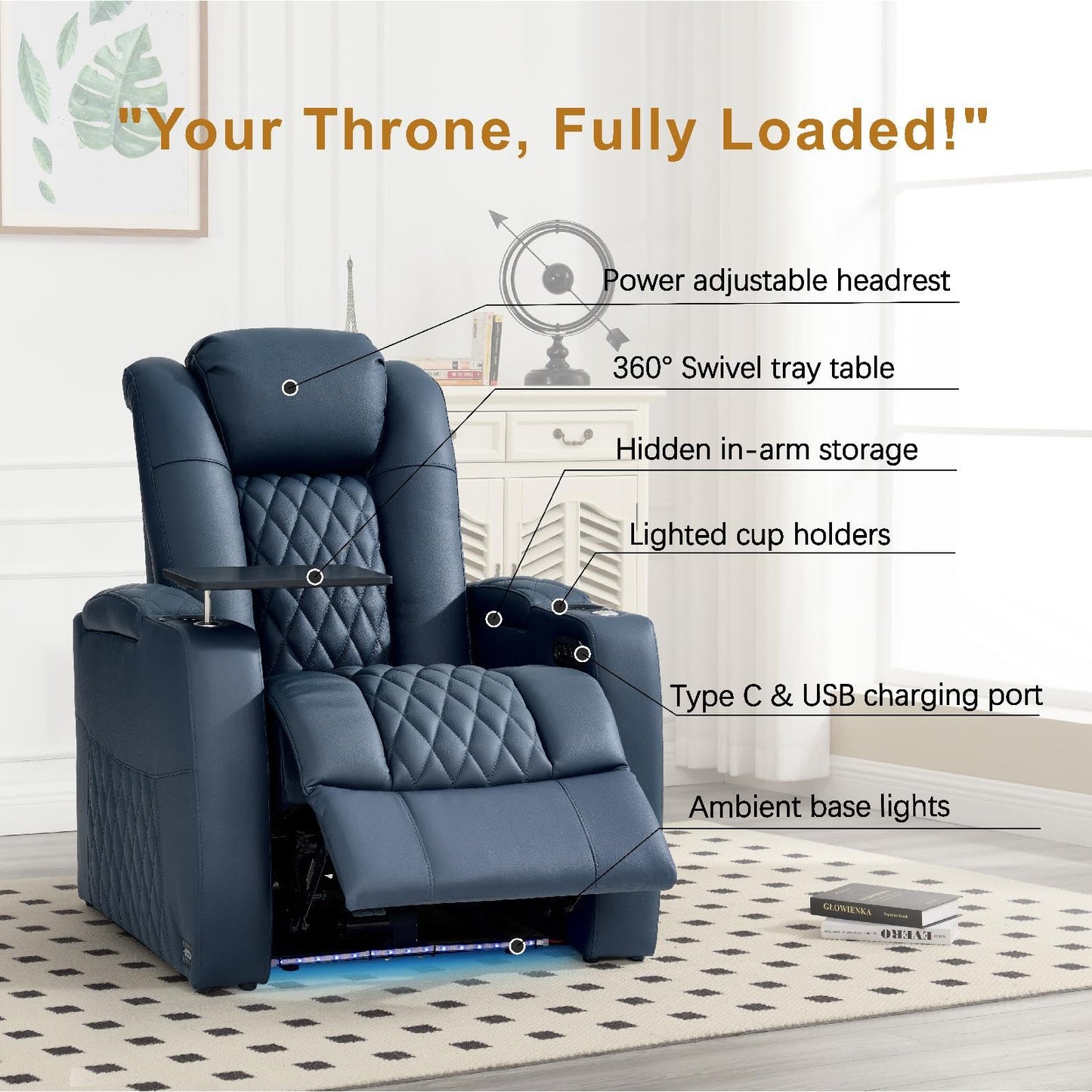 comfiroom Top Grain Leather Home Theater Seating, Classic Series Game Seats Movie Recliner Theater Chairs Recliner Sofa with Type-C Charger Bedroom Sofa Chair for Living Room (Blue, Row of 1)