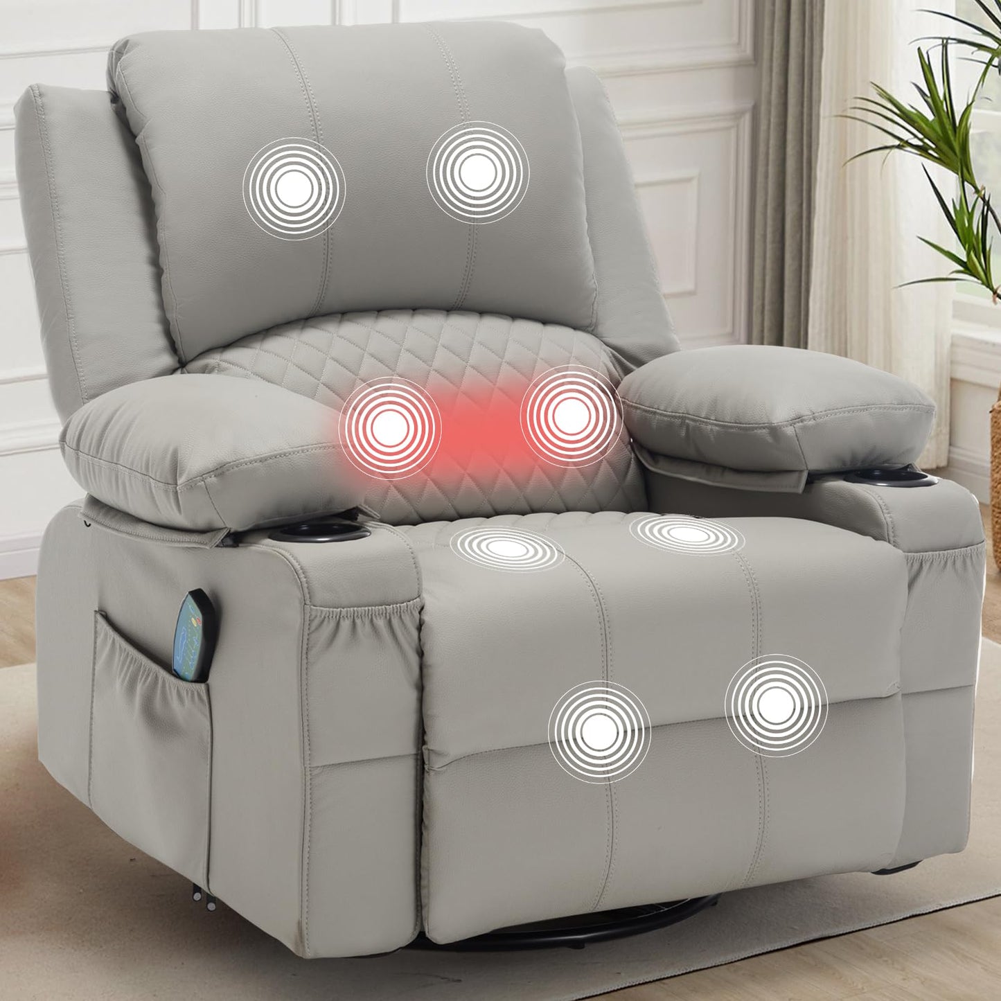 Comermax Swivel Rocker Recliner with Heat and Massage, Wide Seat Heated Massaging Reclining Chair, Faux Leather Rocking Recliner Glider Chair with Cup Holder, Grey
