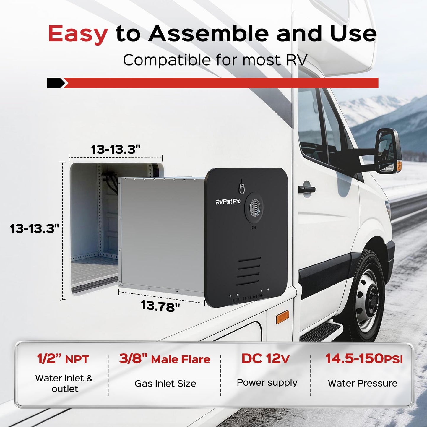 RVPart Pro RV Tankless Water Heater, Propane-Powered, with 15"×15"Black Door and Remote Control, 12V DC, Compatible with All RVs