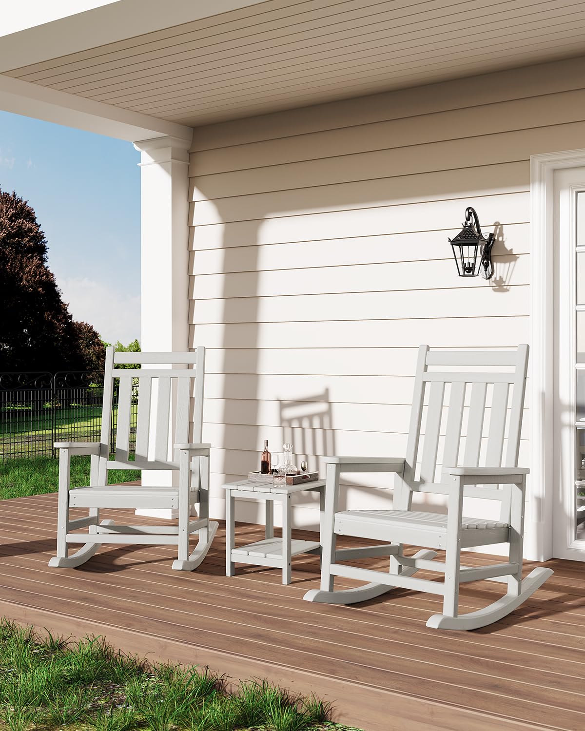 GarveeLife Poly Lumber Rocking Chair Outdoor Set of 2 with Side Table - HDPE High Back Porch Rocker Chairs for Adults - All Weather Resistant Furniture for Patio - White