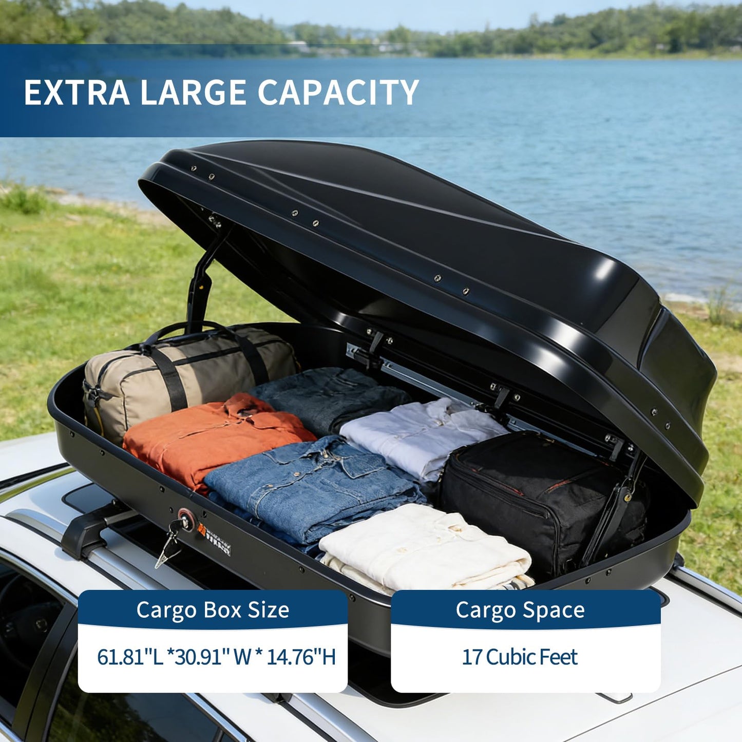 Rooftop Cargo Box Carrier, 17 Cu ft Hard Shell Rooftop Cargo Carrier - Dual-Side Opening, Universal Car/SUV Fit, Waterproof ABS Material, 165Lbs Capacity w/Secure Straps & Keys