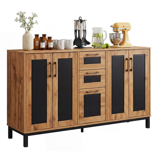Giantex 63” Sideboard Buffet Cabinet, Large Farmhouse Organizer with 3 Drawers & Storage Shelves, 4-Door Modern Accent Coffee Bar Console Station for Kitchen, Entryway, Living Room