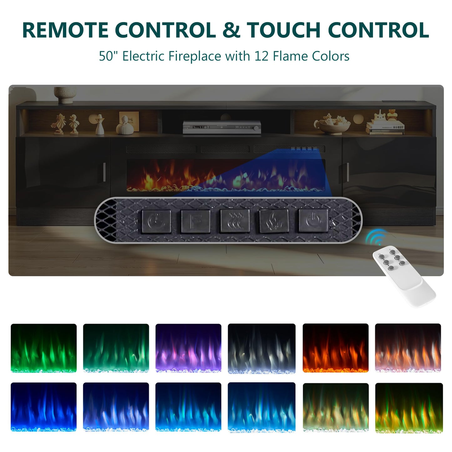 OneBlis 80" Fireplace TV Stand with Power Outlet for TVs UP to 90", Electric Fireplace Entertainment Center with LED Lights & Storage Cabinets, TV Console for Living Room, Office, Black-Black