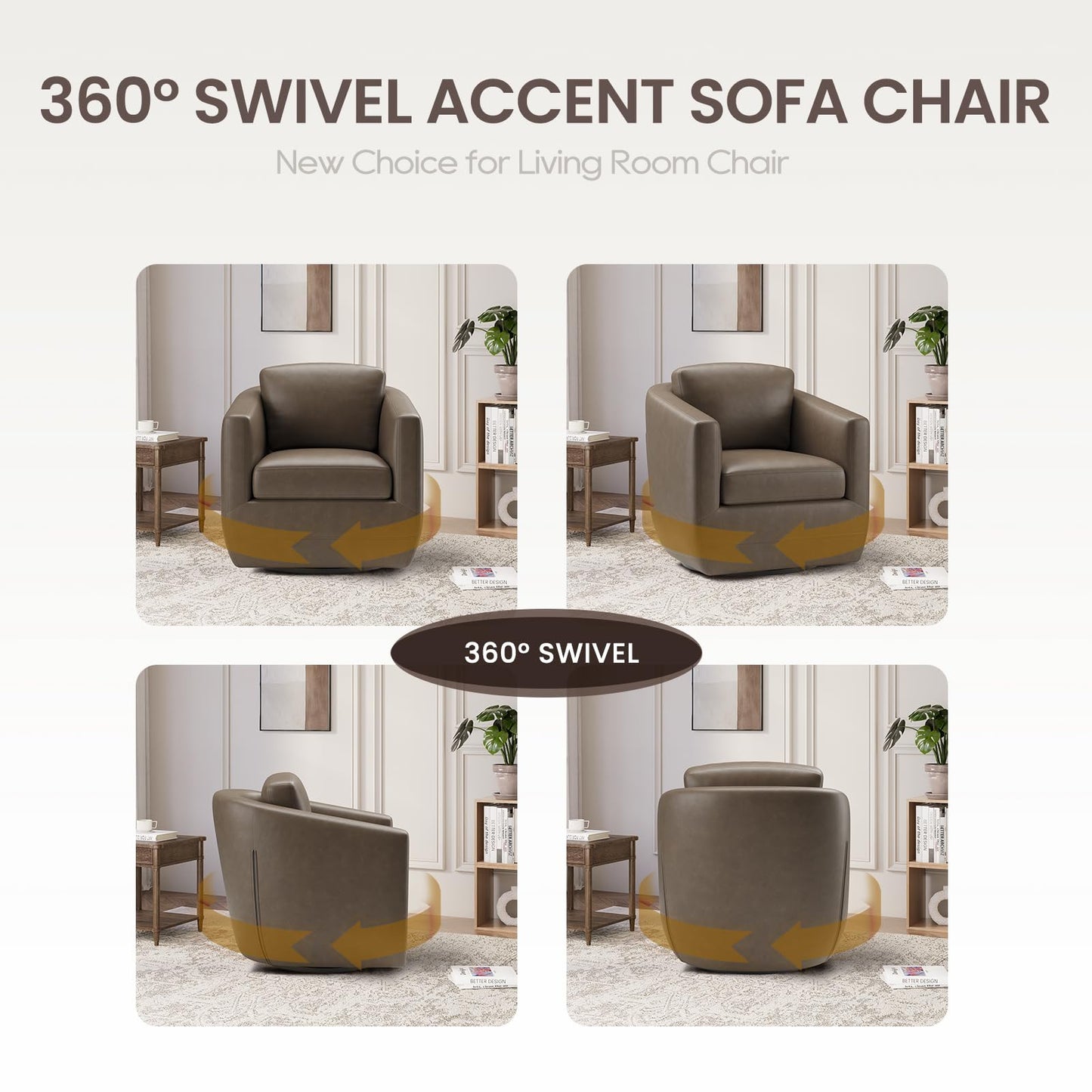 COLAMY 360° Swivel Accent Chair with Pillow, Leather Living Room Armchair No-Sag Foam & Sturdy Metal Base, Fully Assembled Swivel Accent Single Sofa for Bedroom Living Room, Reading Room, Wolf Grey