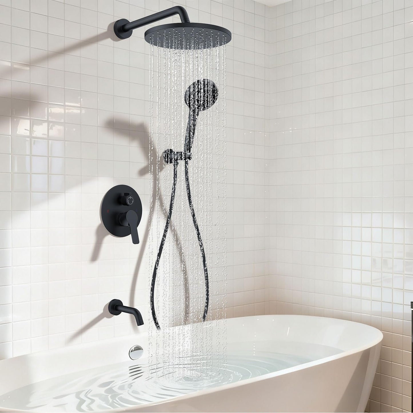Iriber Mattle Black Bathtub Shower Faucet Set，Bathroom Shower System with Tub Spout ，Filtered Shower Head with Handheld, 9 Spray Mode Showerhead,Shower Valve Trim Kit Contain Cartridge,10 Inch