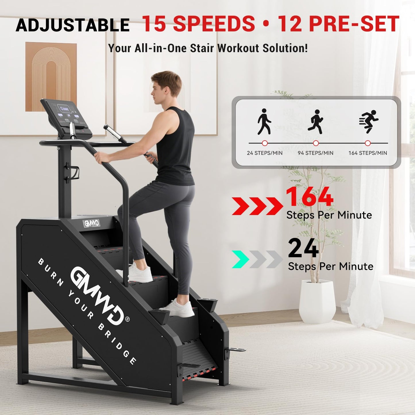 Stepper Machine, GMWD Stair Climber with LED Screen, Commercial Grade Stair Stepper Exercise Machine with 15 Resistance Levels, 441LBS, 24-164 Steps/Minute, Black