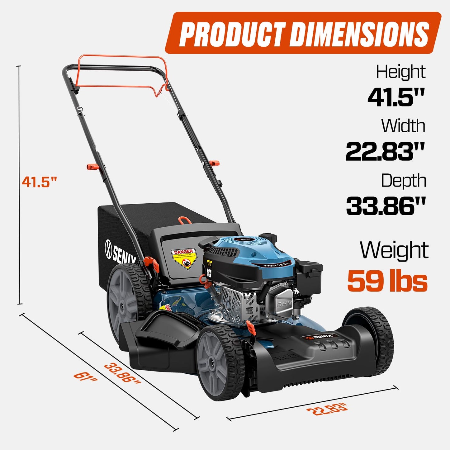 SENIX 21'' Self-Propelled Gas Lawn Mower (FWD), 170 cc 4-Cycle Engine 3.8 HP, 3-in-1 (Bagging/Mulching/Side Discharge), 6-Position Cutting Height Adjustment, 1.7 Bushels Grass Bag