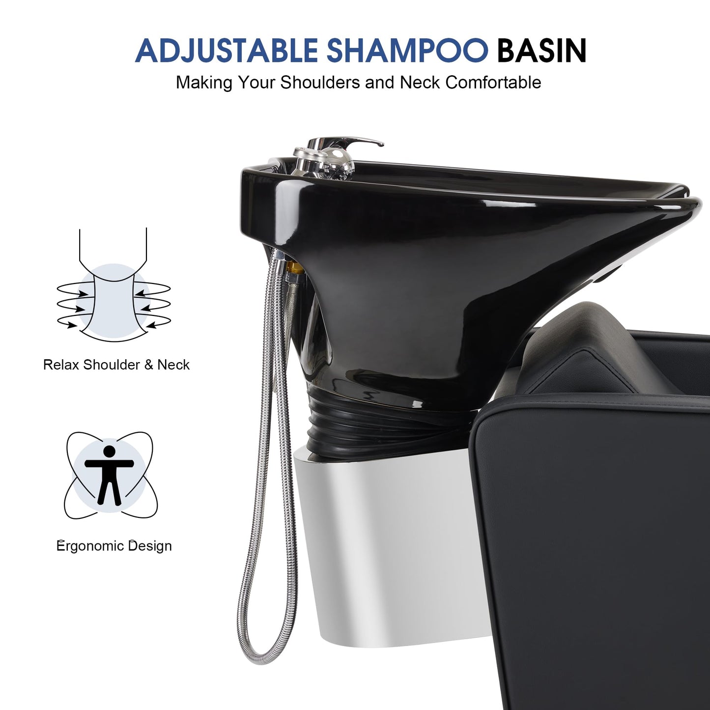 BarberPub Backwash Shampoo Station Chair, Adjustable Porcelain Ceramic Hair Wash Bowl Sink Unit Station, Reclining Shampoo Station Chair for Spa Beauty Salon Hair Salon Equipment 9303 (Black)