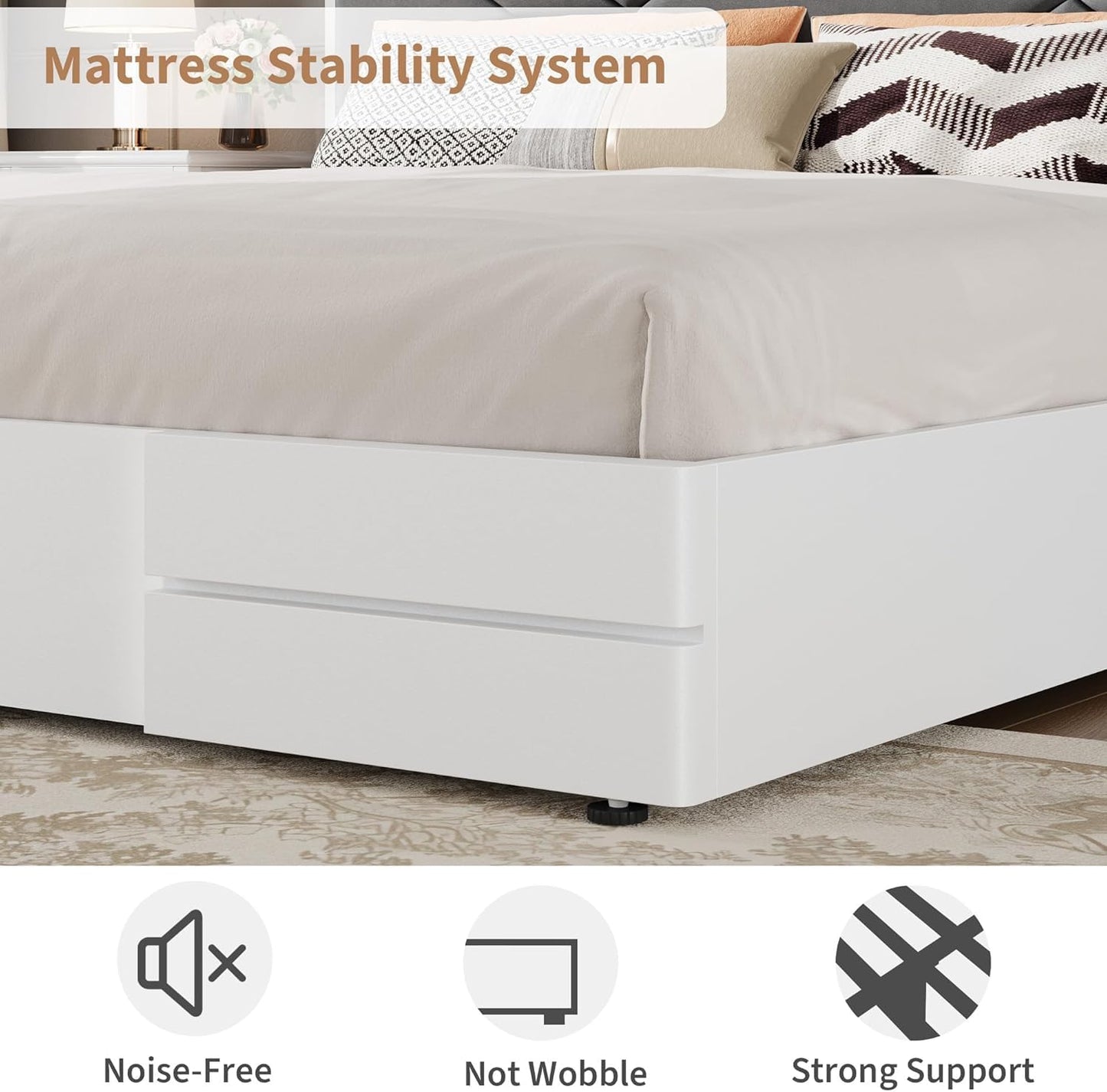 Garvee Full Size Upholstered Bed Frame, Tufted Design Soft Headboard, Wooden Slat Support, Mattress Foundation No Box Spring Needed, Stable & Quiet Full Bed Frame for Bedroom, Easy Assembly, White