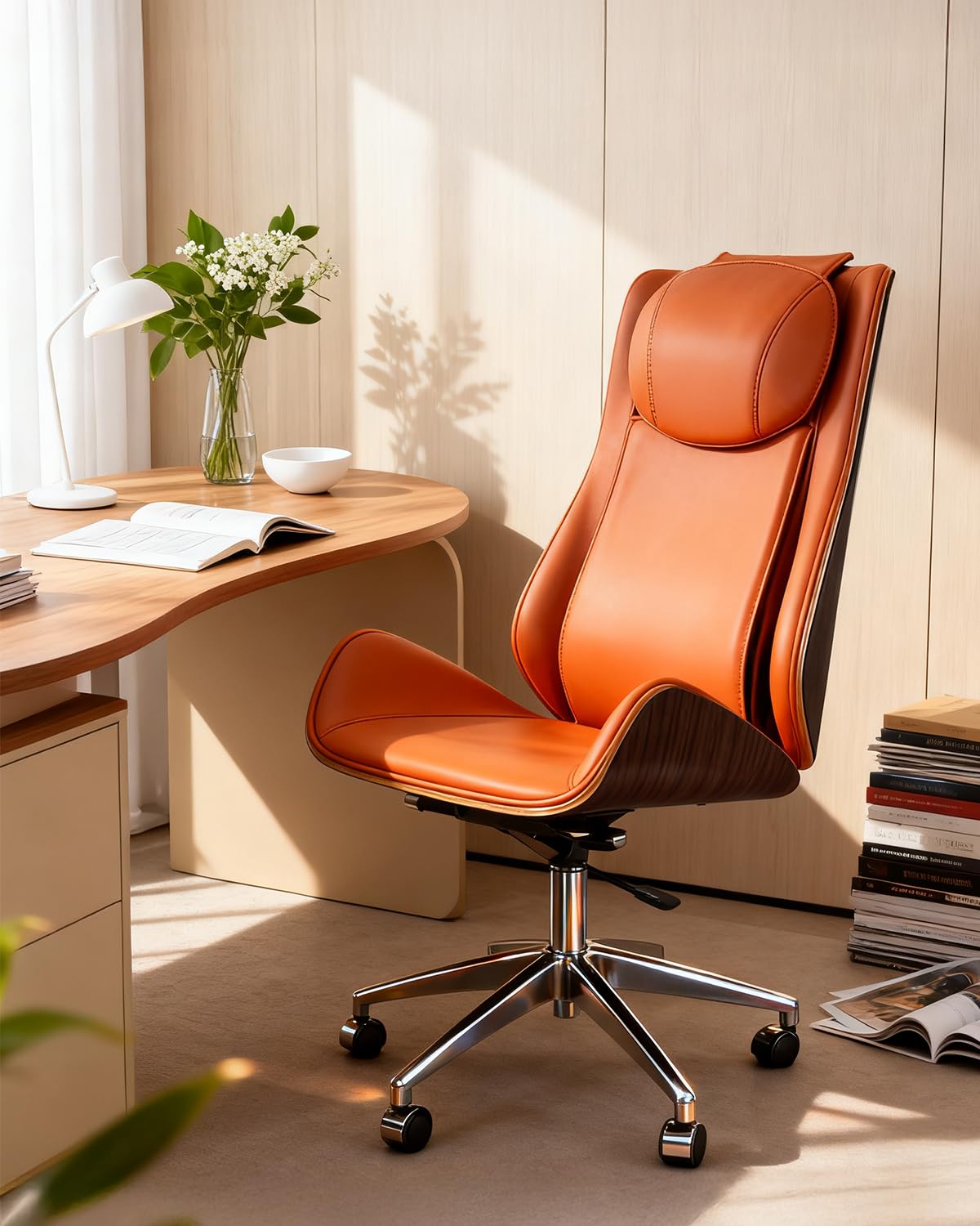 Executive Massage Office Chair Ergonomic Luxury Desk Chair with Handcrafted Wood Veneer 6-Point Vibration for Sciatica Relief 135° Recline, Big and Tall Support for Home & Workspace (Orange)