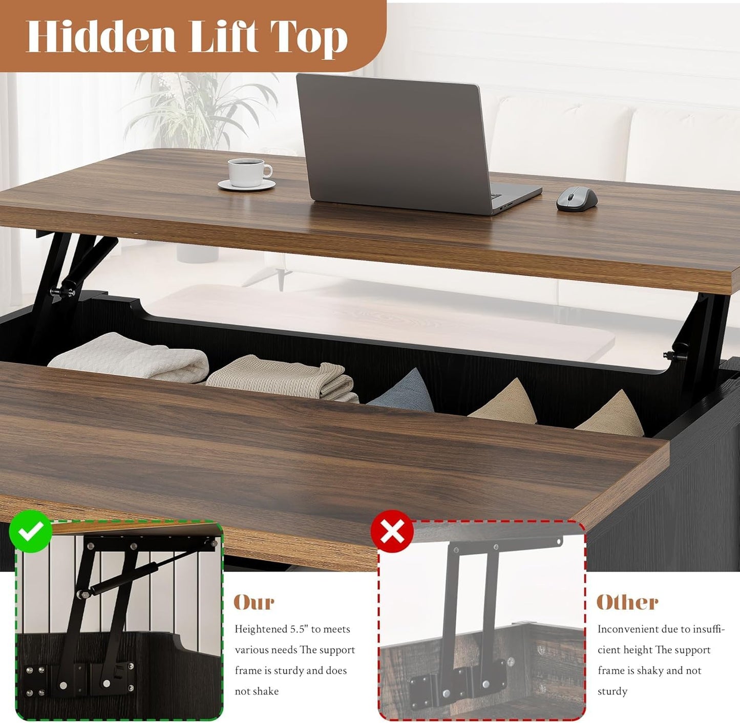 Decofy Lift Top Coffee Table with Storage Mid Century Modern Square Coffee Tables for Living Room, Large Hidden Storage Compartment, Adjustable Shelves & Sliding Door