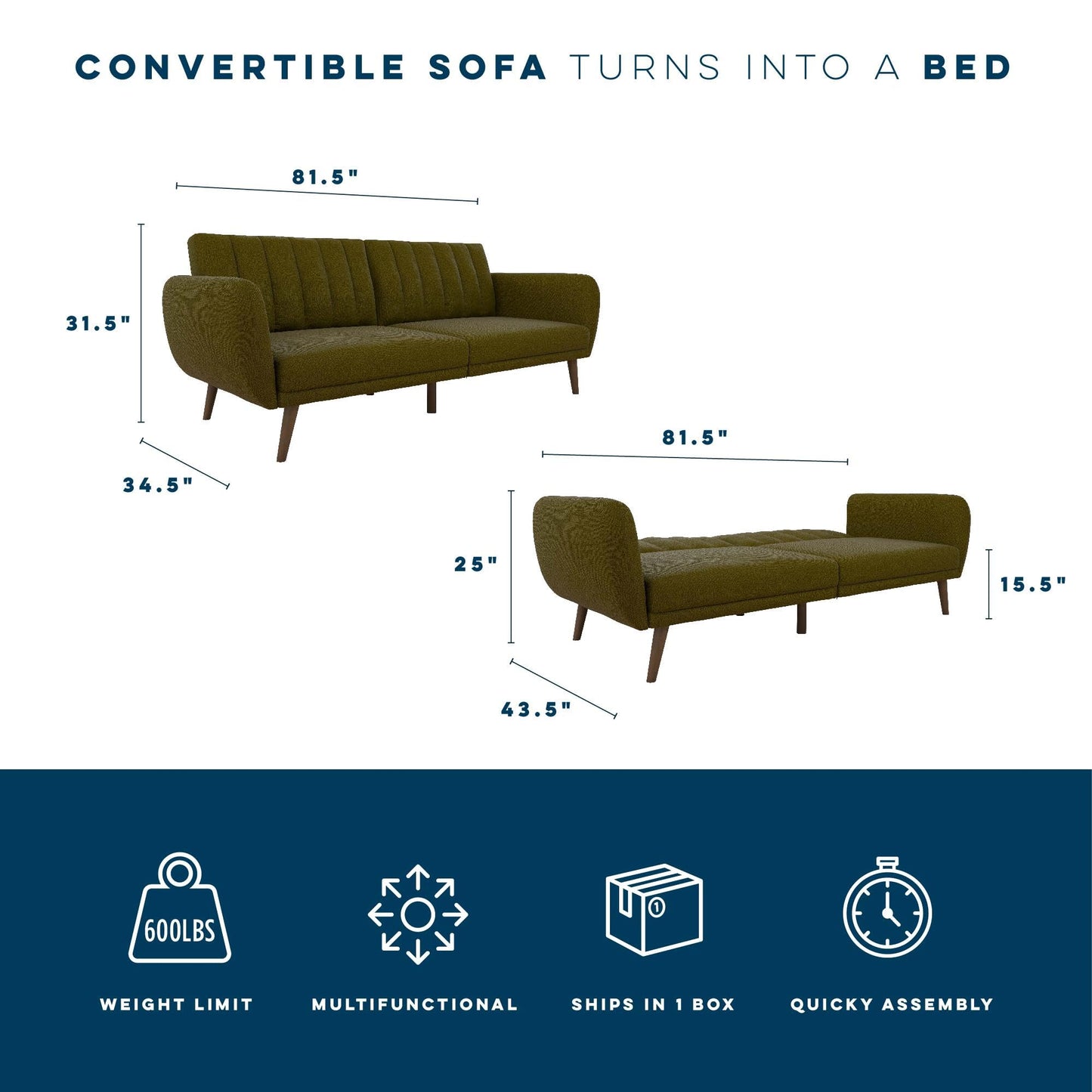 Novogratz Brittany 82 Inch Futon Sofa Bed in Faux Leather, Upholstered Couch Sleeper with Tufted Back, Mid-Century Modern Design, Green