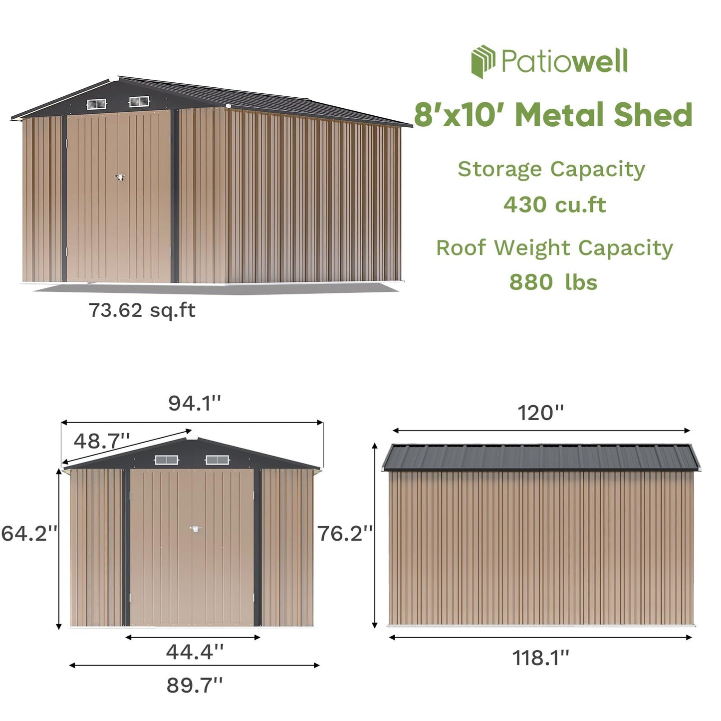 Patiowell 8x10 FT Outdoor Storage Shed, Large Garden Tool Metal Shed with Sloping Roof and Double Lockable Door, Outdoor Shed for Backyard Garden Patio Lawn, Brown