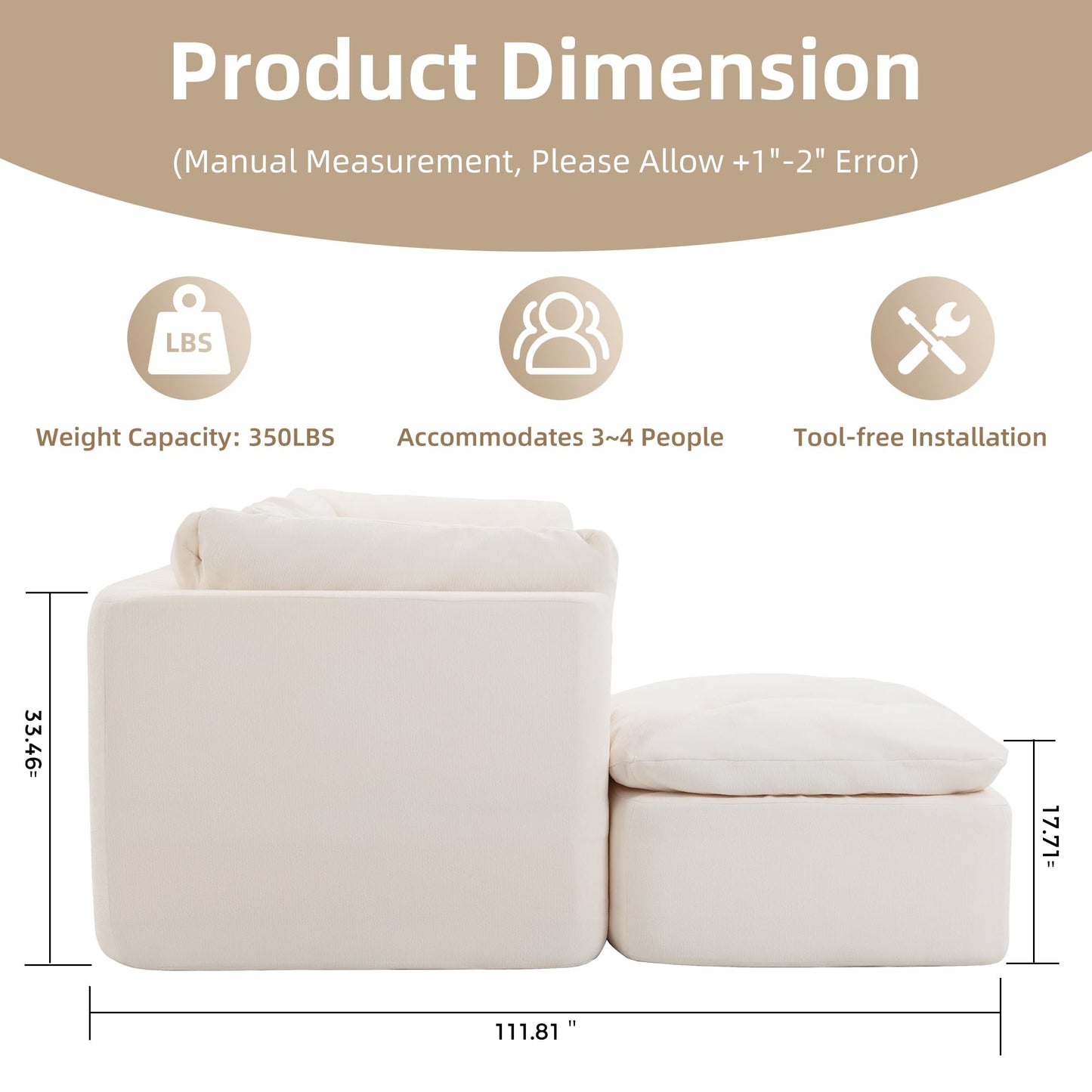 Tufted Cushions Cloud Sectional Boneless Sectional Sofa with Movable Ottoman, 112" Oversized Modular Convertible L Shaped Corner Couch with Deep Seat,Memory Foam Compressed Sofa