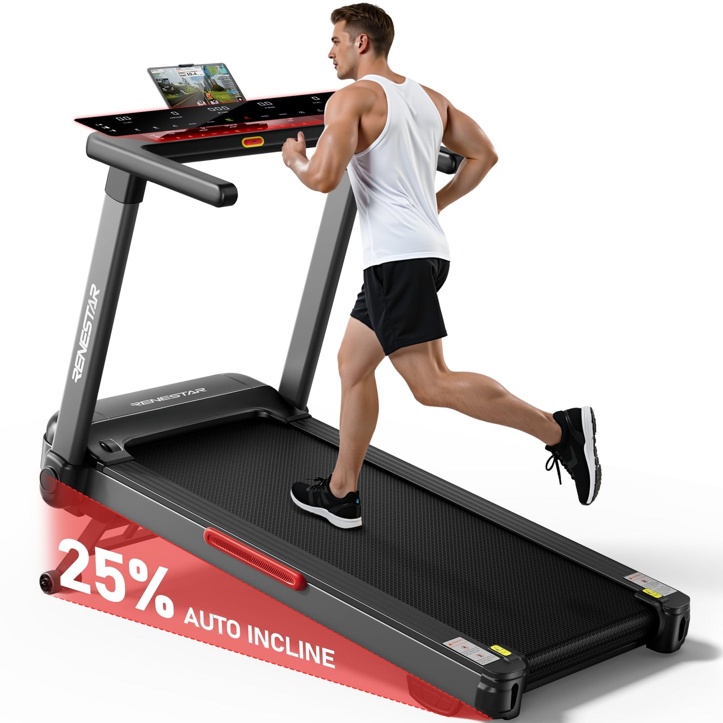 Renestar Treadmill for Home with 25% Auto Incline - 8.5MPH Max Speed, Extra Large LED Touchscreen, 300LBS Capacity, 3.5HP Home Office Treadmills for Running Jogging Walking