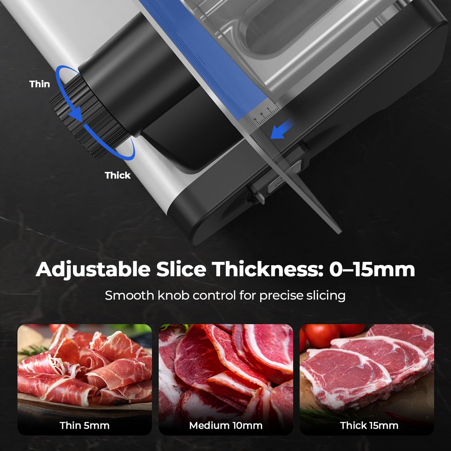 OSTBA Electric Meat Slicer with 200W DC Motor, 2 Removable 8.7” Stainless Steel Blades, Adjustable Thickness 0–15mm, Food Tray & Hand Grip, Commercial Deli Food Slicer for Meat, Cheese, Bread, Veggies