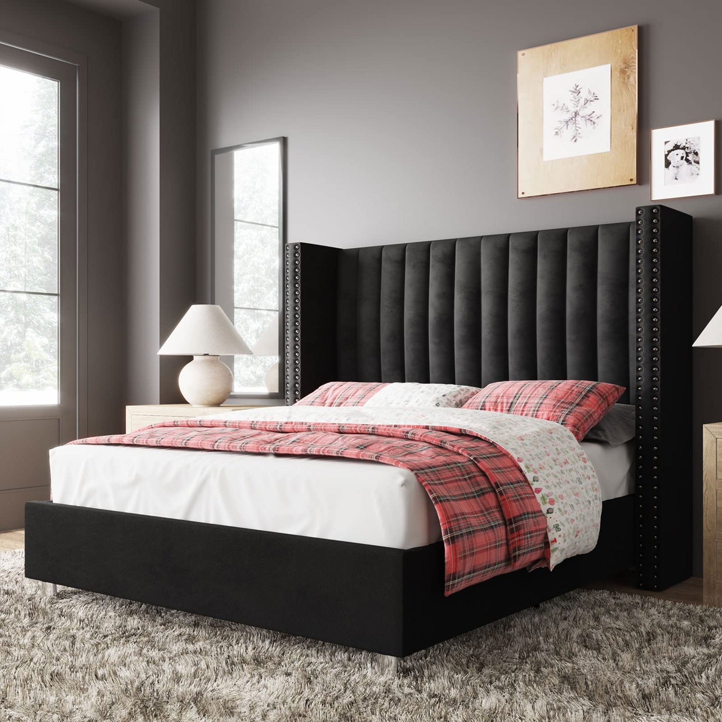 Jocisland Queen Bed Frame with Tall Wingback Headboard, Velvet Upholstered Platform Bed, No Box Spring Needed, Noise-Free, for Couples, Guest Room & Apartment, Black