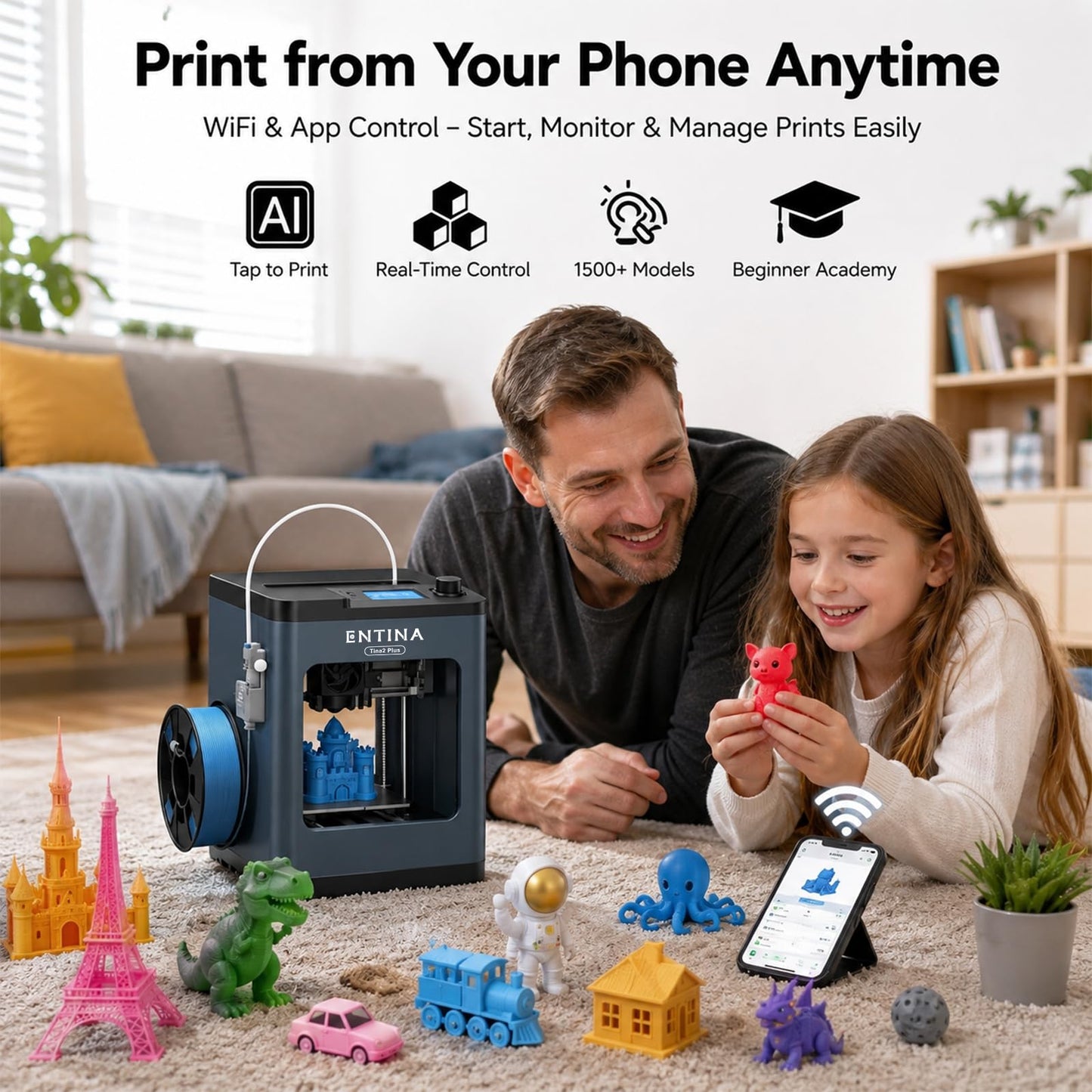 Entina Tina2 Plus 3D Printer, 250mm/s Fast Printing 3D Printer for Beginners & Kids, WiFi & App Control, Fully Assembled, Auto Leveling, PEI Build Plate, Open Source Mini 3D Printers for Home & School