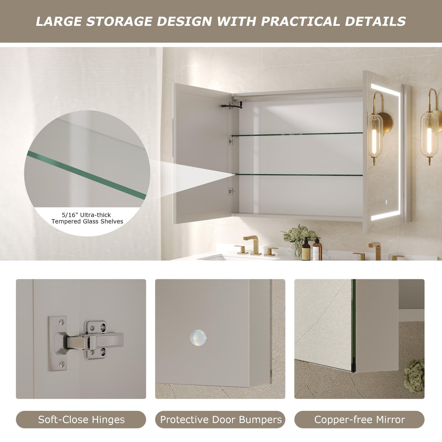 DeerValley Led Lighted Medicine Cabinet with Mirror, 48" W x 32" H Mirrored Medicine Cabinet with Lights for Bathroom with Defogger & Dimmable 3-Color