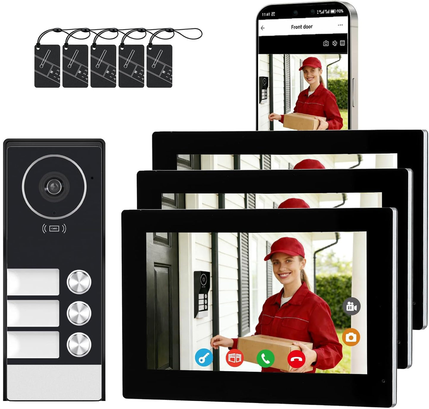 LUMOBELL 3 Units Apartment Video Intercom System,house video intercom. Wired Video Doorbell with 3 Unit 7-inch Touch Screens, 1080P Security Camera, Dual-Band WiFi 6, RFID Key Fobs & App Remote Unlock