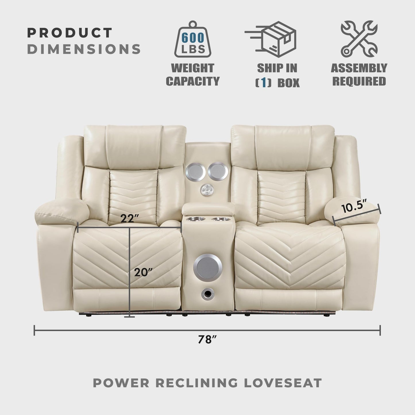 Lexicon Wall Hugger Power Double Reclining Loveseat with Console, Faux Leather Home Theater Seating with LED Lighting, Charging Ports, Bluetooth Speaker Wireless, Cup Holders, Hidden Storage, Beige