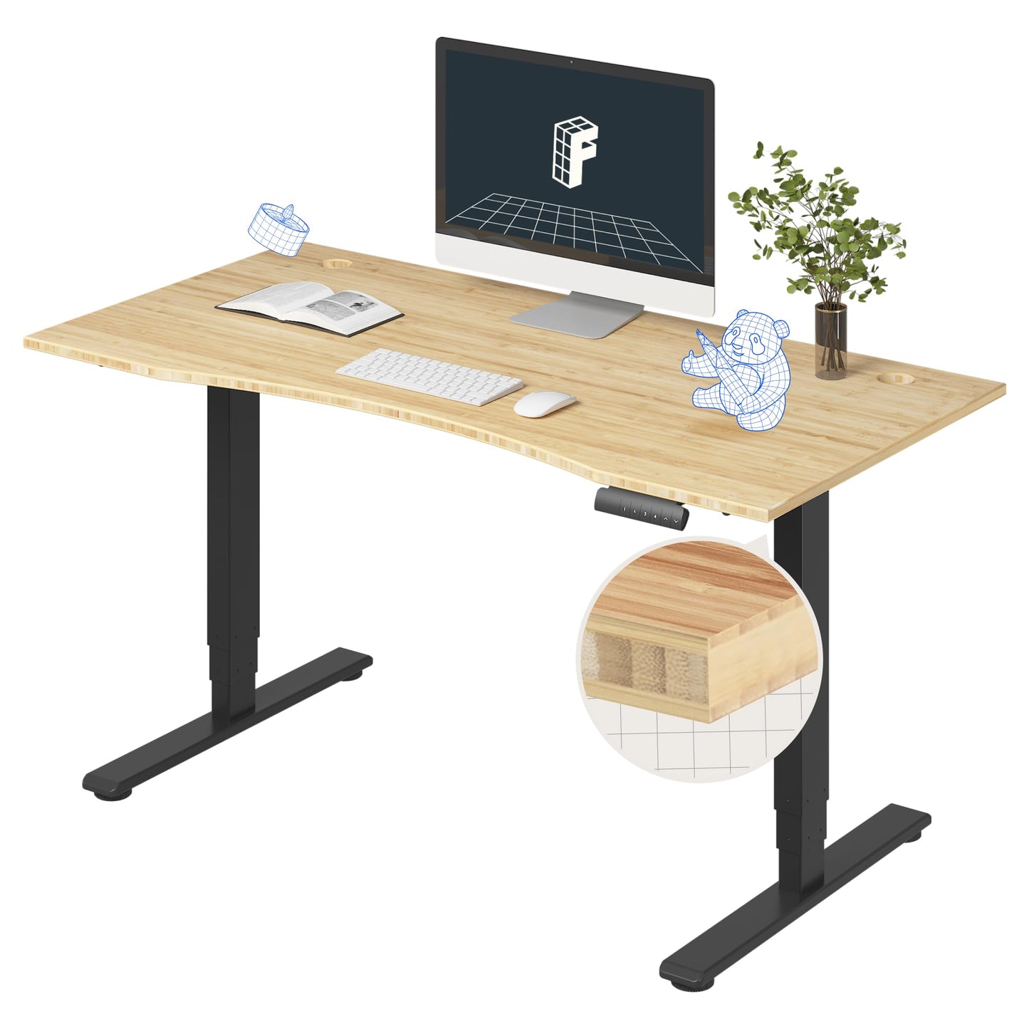 FlexiSpot E6 Bamboo 3-Stage Dual Motor Electric Standing Desk 55 x 28 Sit Stand Up Desk, Holds 220 lbs, Adjustable Height w/ Memory Presets, Solid Bamboo Curved Desktop & Black Frame, Ships in 2 Boxes