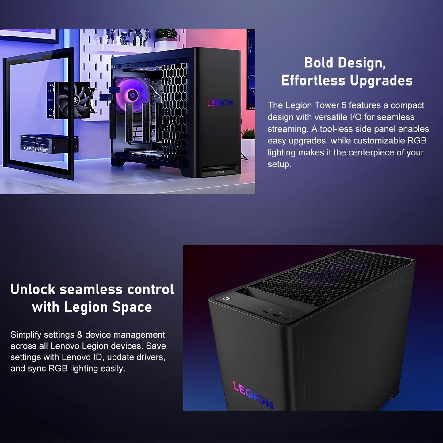 Lenovo Legion T5 5060Ti Gaming Tower Desktop, Intel Core Ultra 7 265F, GeForce RTX 5060Ti, 16GB DDR5, 1TB SSD, Support 3-Monitor 4K, DP, RGB Lighting, HDMI, Keyboard& Mouse, Windows 11 Home, Black