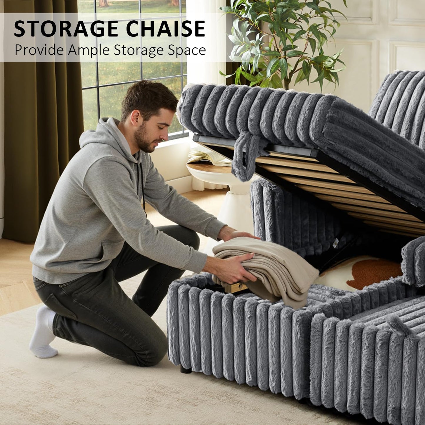 KCGKCG Sleeper Sofa Bed, 81” Pull Out Couch Bed with Reversible Storage Chaise, 3 in 1 L-Shaped Couch with Charging Station, Cup Holder, Side Pocket, Plush Corduroy Couches for Living Room(Light Grey)