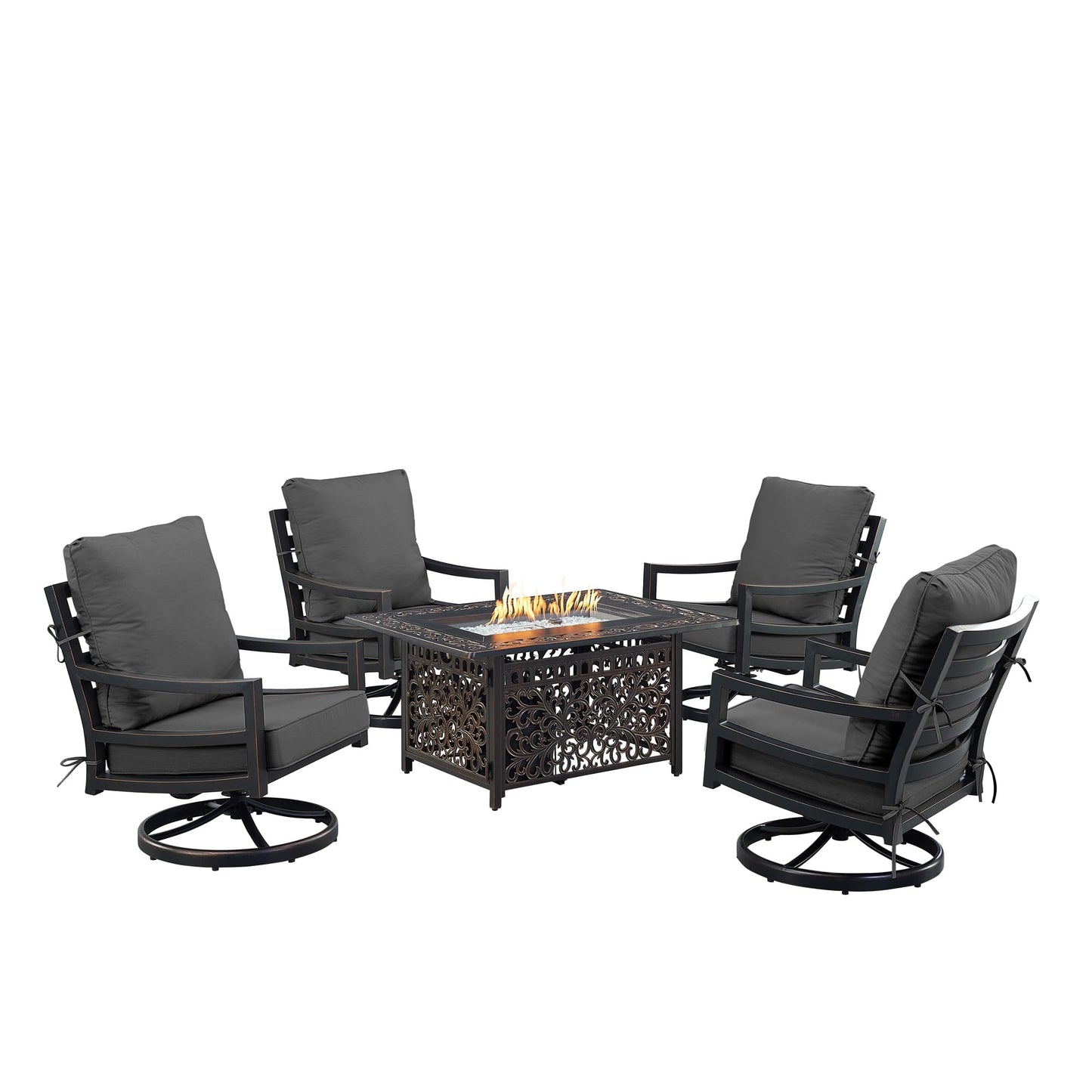 Oakland Living Black Aluminum Patio Fire Table Set with Four Club Chairs with Black Cushions