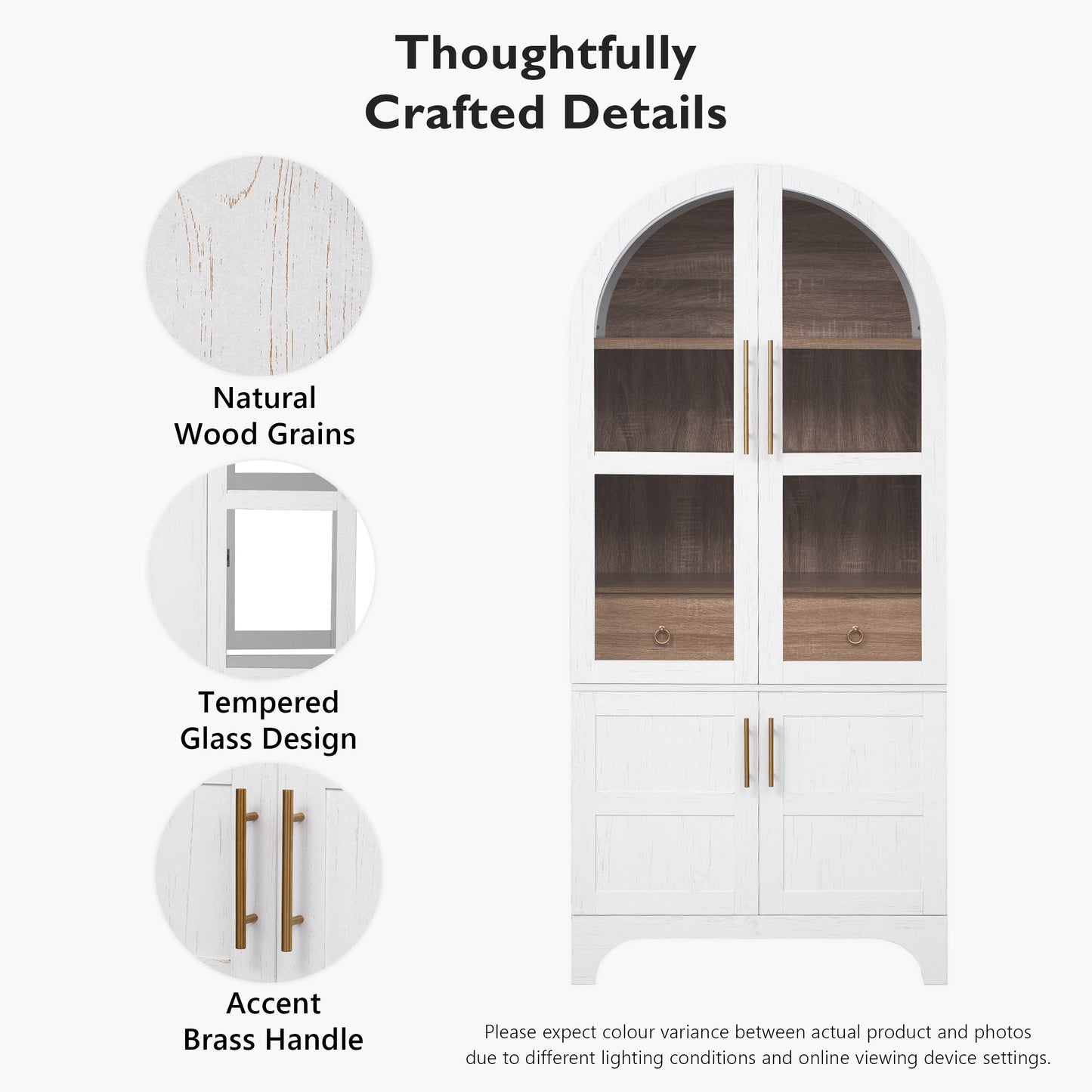Ball & Cast Arched Kitchen Pantry Cabinet with Door Shelves,Farmhouse Cookroom Storage Cabinets W/Open & Adjustable Shelves,Glass Door & Hidden Drawer,Cupboard for Kitchen,Dining Room,White,71" Tall