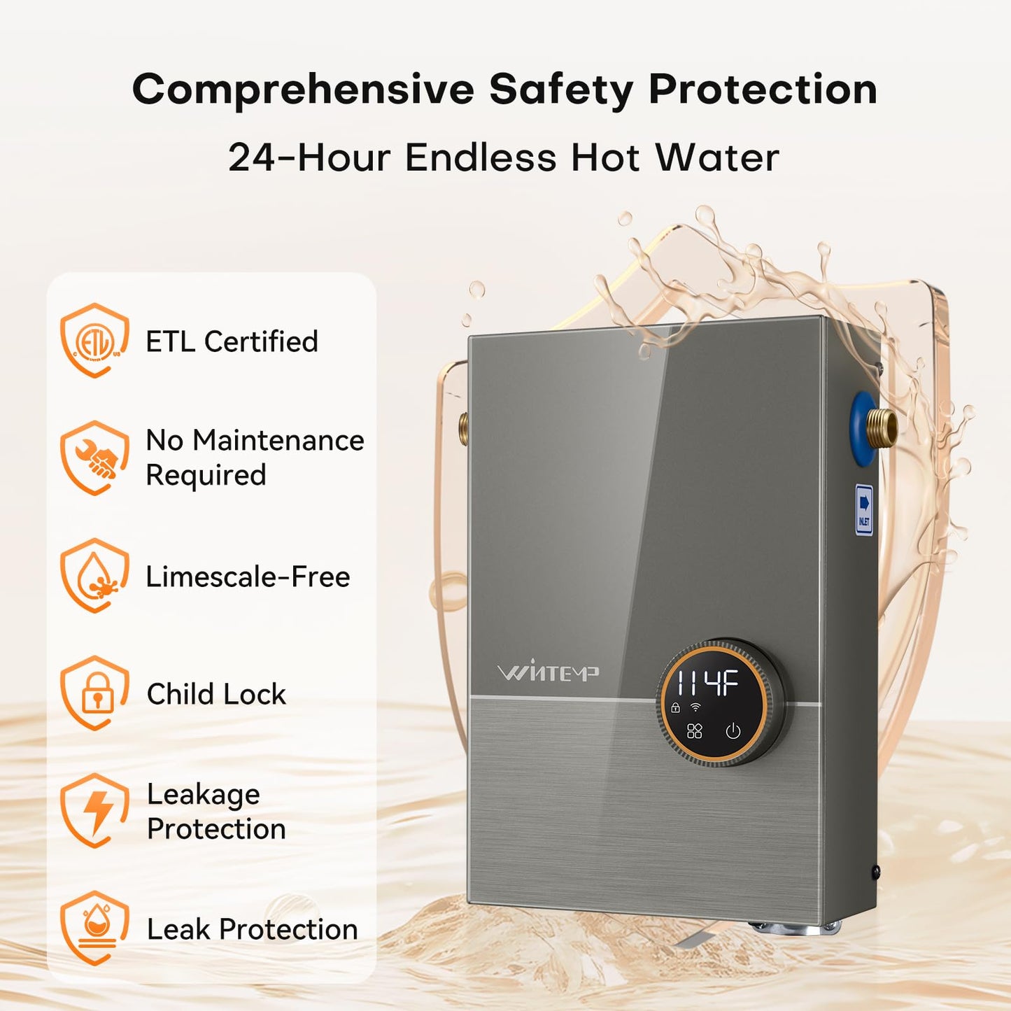 Wintemp Tankless Water Heater Electric 9kW, 240 Volt On Demand Instant Hot Water Heater, Within 1℉ Stable Temp, Up to 2.2 GPM, WiFi Control, ETL Certified, Eco, WM09