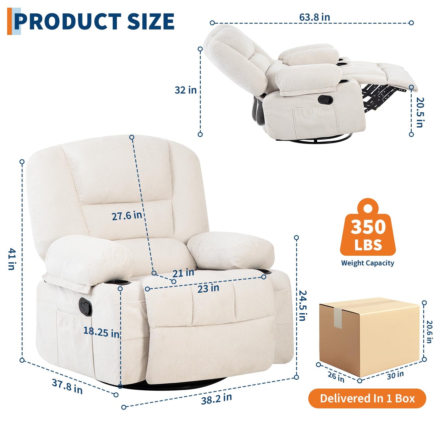 Oversized Wide Recliner Chair with Vibration Massage and Heat, 360° Swivel Recliner Glider for Adults,Chenille Fabric Manual Reclining Single Sofa with Cup Holders & Side Pockets for Living Room,White
