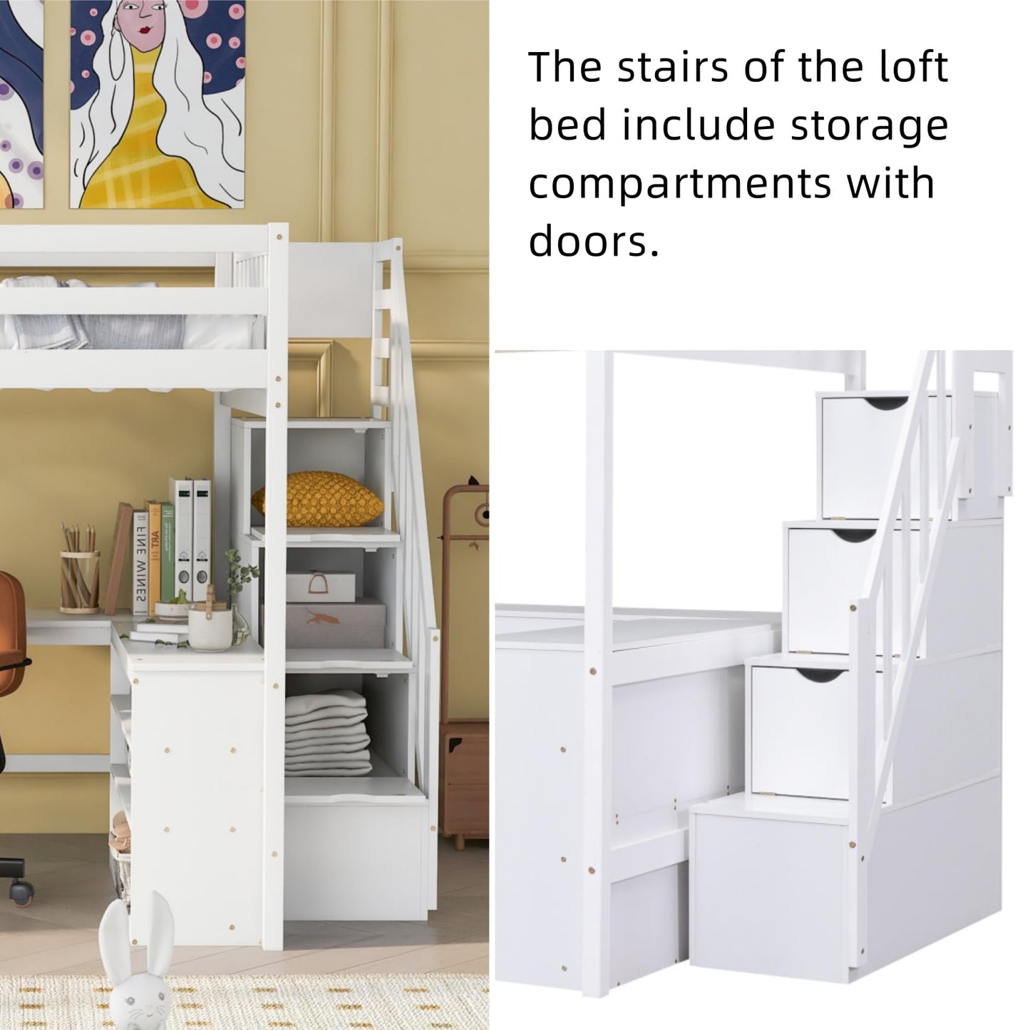 Merax Solid Pine Wood Full Size Loft Bed Frame with Built-in L Shaped Desk & Three-Tier Shelves & Attached Storage Staircase for Kids, Loft Bed with Large Under-Bed Space, No Box Spring Needed, White