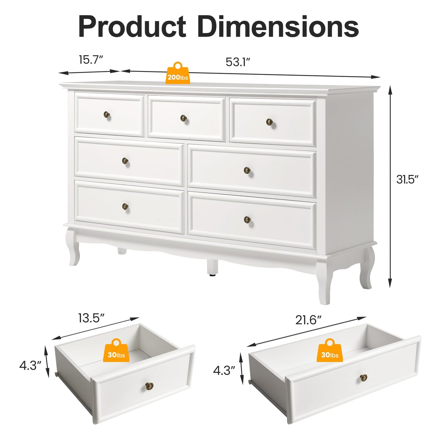 RoyalCraft 53" Wide 7 Drawer Dresser, White Dresser for Bedroom, Modern White Chest of Drawers with Solid Wood Legs and Painted Finish, Wooden Storage Closet Cabinet Organizer for Hallway, Living Room