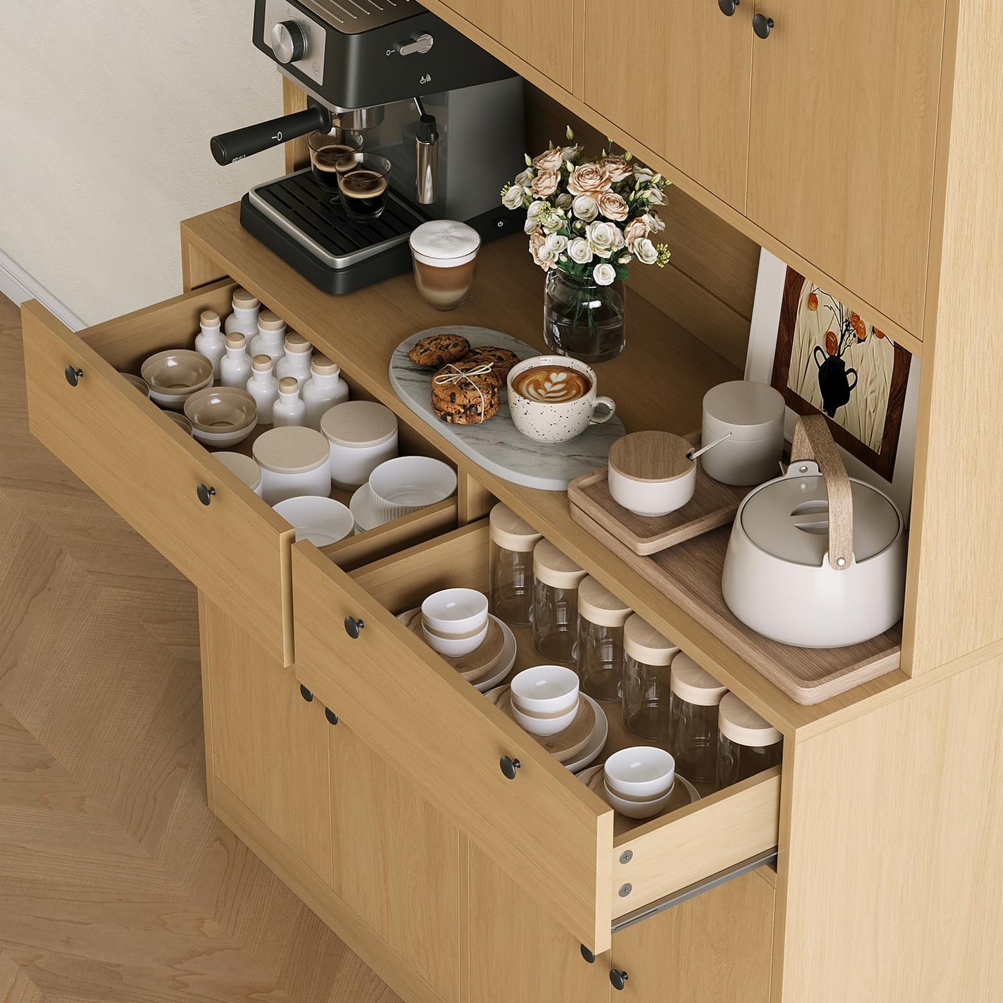 71" Tall Kitchen Pantry Storage Cabinet with Charging Station, Modern Tall Kitchen Hutch with Microwave Countertop, Wood Food Pantry Cabinet for Dining Room with Drawers and Doors for Dining Room