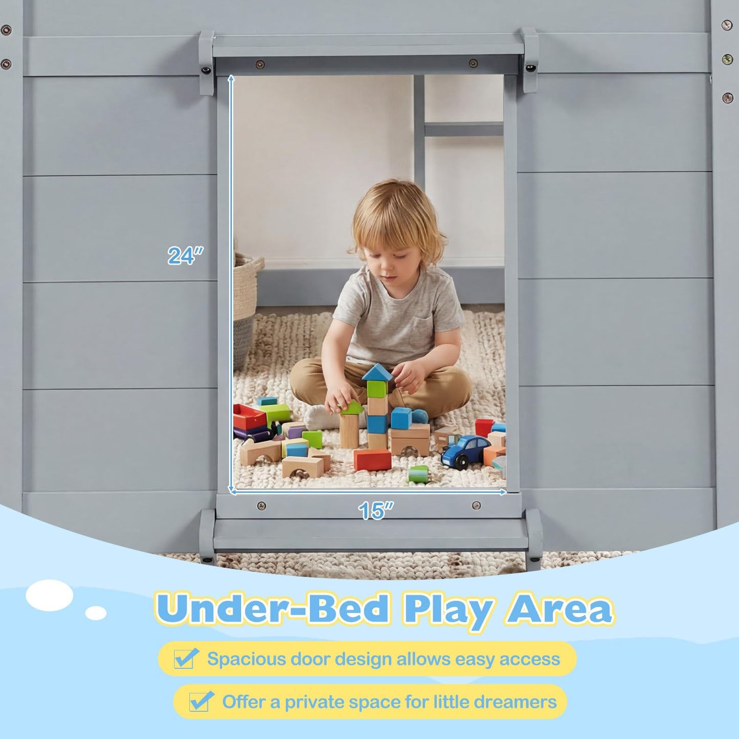 Giantex Loft Bed Twin Size with LED Lights, Wooden Low Bed Frames for Kids w/2 Doors, Under-Bed Play Space & Storage Bookcase, Modern Bedframe with Ladder & Safety Guardrail for Boys Girls (Grey)