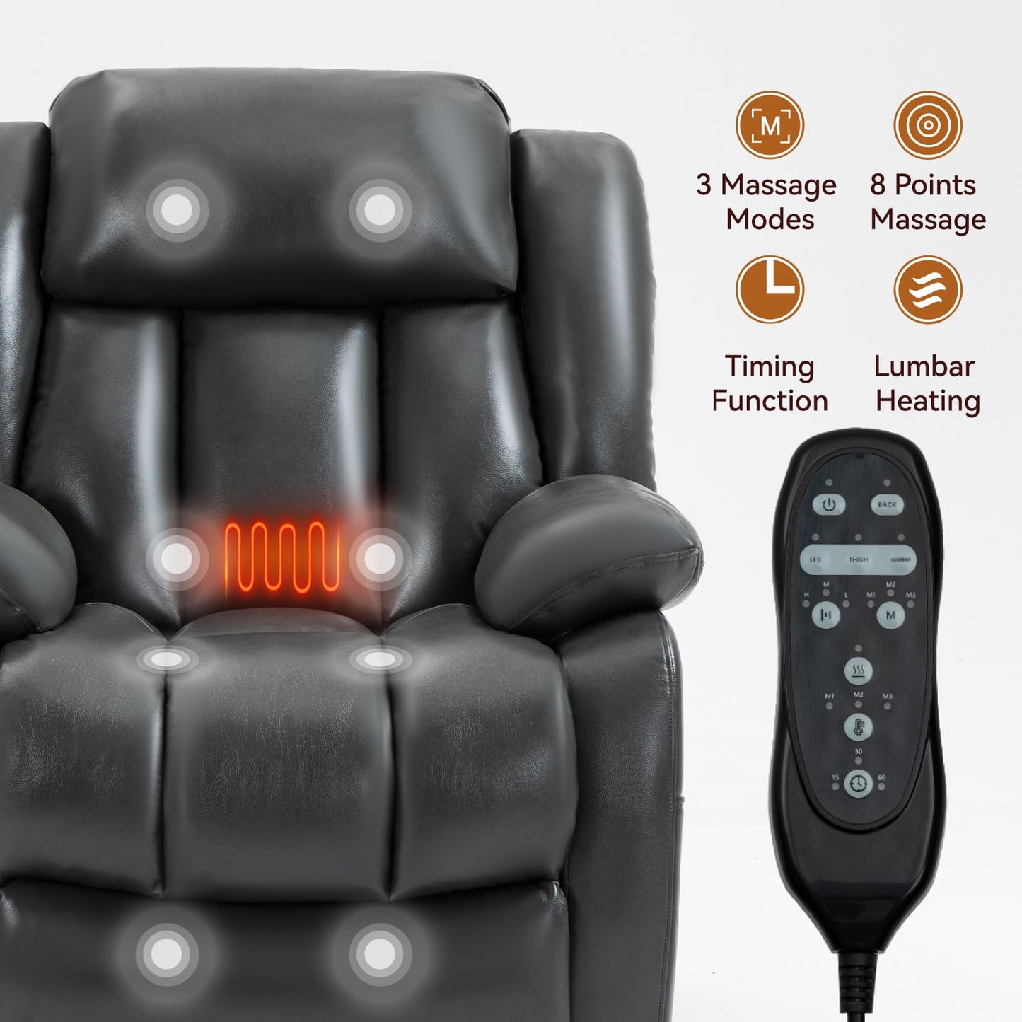 KEIKI Oversized Recliner Chair Electric Dual Motor Lift Leather Recliner for Elderly, Synthetic Leather Upholstery with Infinite Position and Back Massager with Heat, Rocking Lounge Chair, Grey