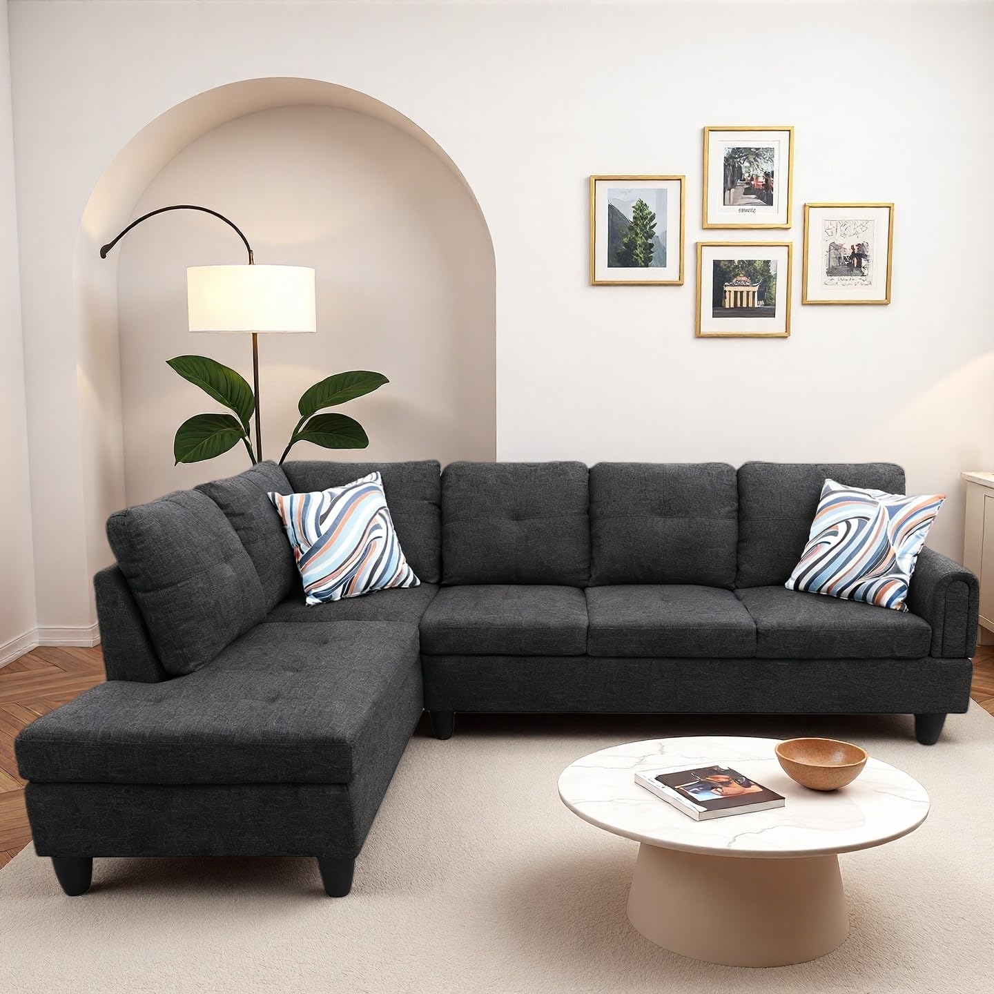 Trygoal Modern L-Shaped Sectional Sofa with Chaise Lounge, 4-Seater Fabric Couch with High-Density Foam Cushions, for Living Room, Apartment, Studio, Easy Assembly, Off-White