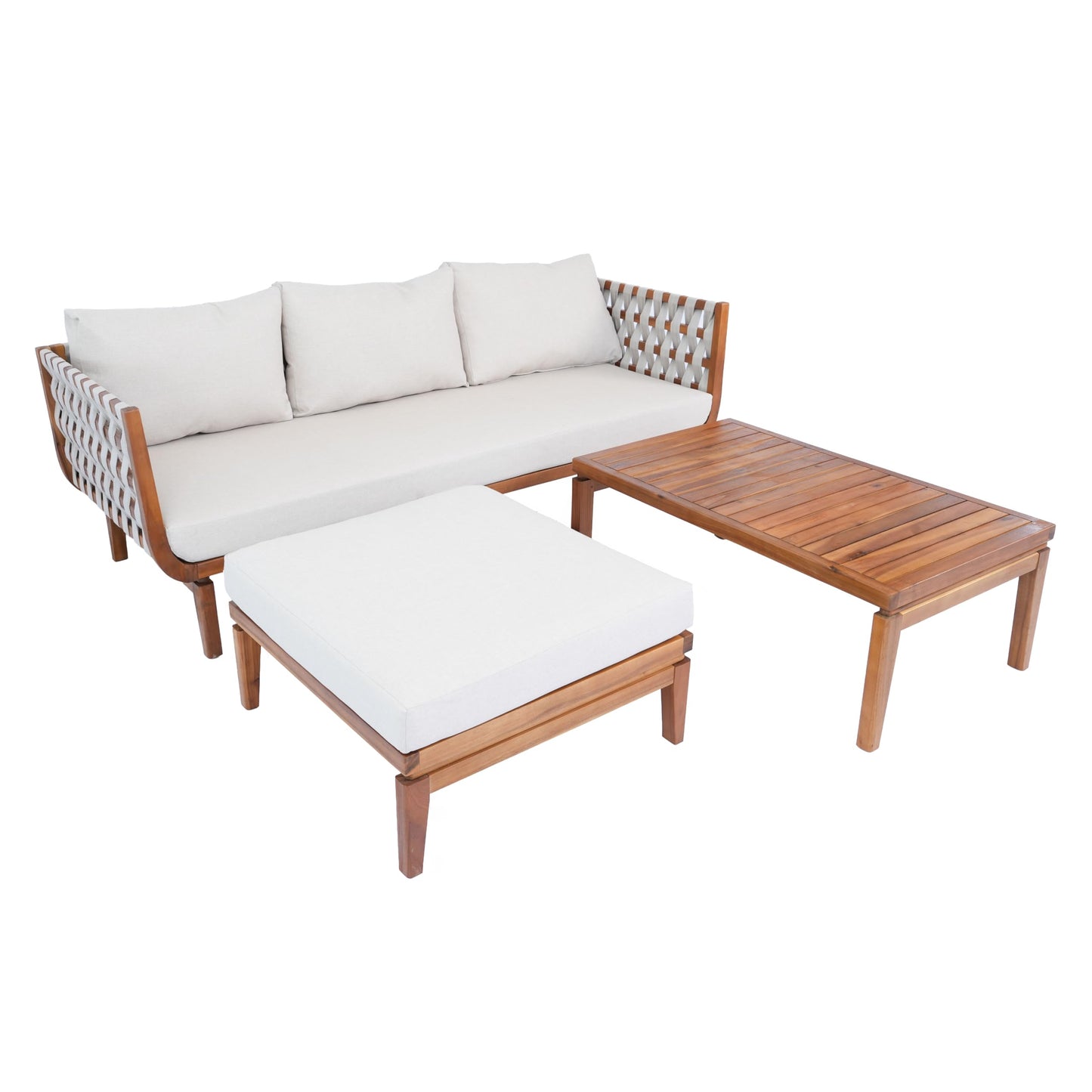 Merax 3 Piece Outdoor Patio Furniture Set,All-Weather Acacia Wood Sectional Sofa with Ottoman,1 Coffee Table for Porch, Lawn, Backyard, Balcon,Beige Rope & Water-Repellent Fabric Cushions,Teak+ Beige