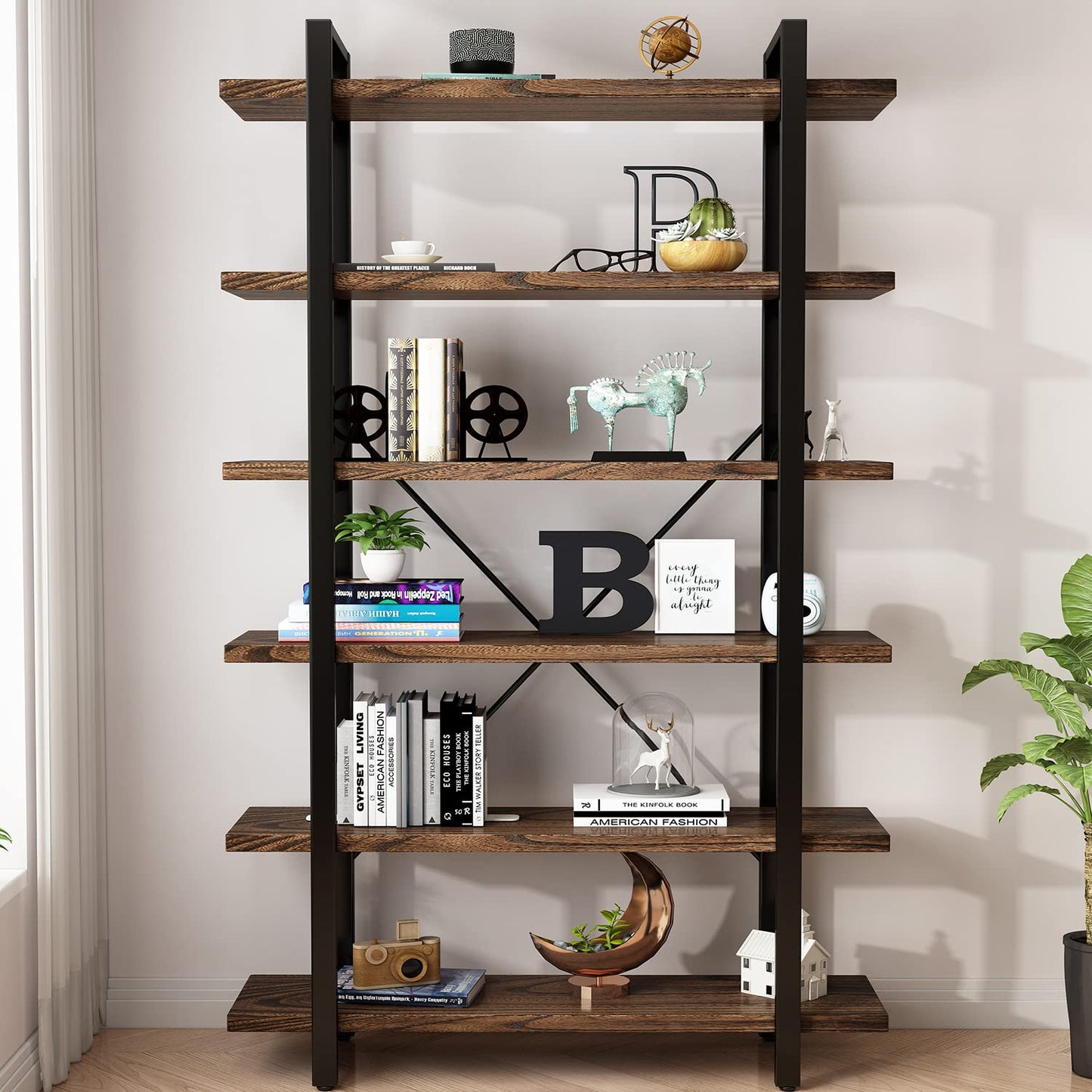 AY-AOYUAN Solid Wood Bookcase and Book Shelves Wood and Metal Shelving Unit 6 Tier Bookshelf Modern Rustic Open Bookshelf Office,Distressed Brown (AY-02-6Tier)