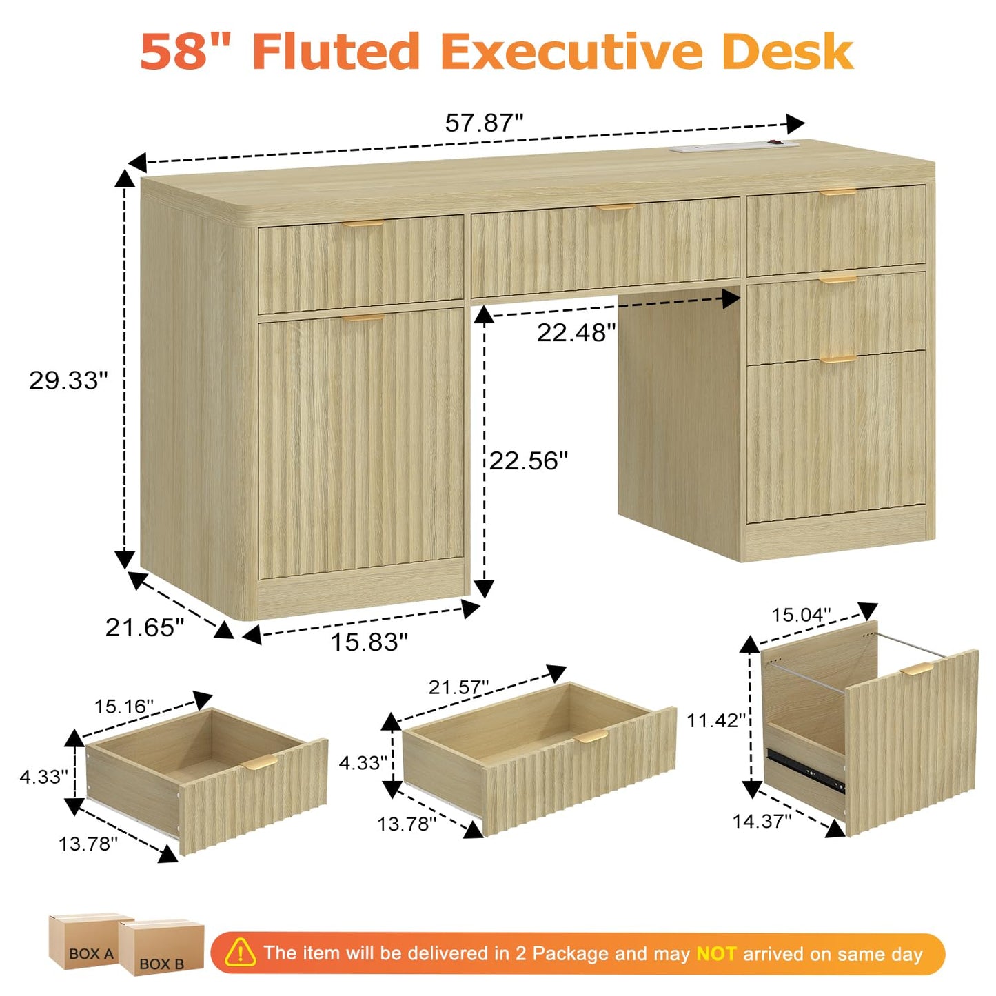 knoworld Fluted Executive Desk with Charging Station, 58" Wood Home Office Desk with 4 Drawers, 1 File Cabinet, 1 Storage Cabinet, Modern Writing Desk for Work, Living Room, Bedroom (Natural)