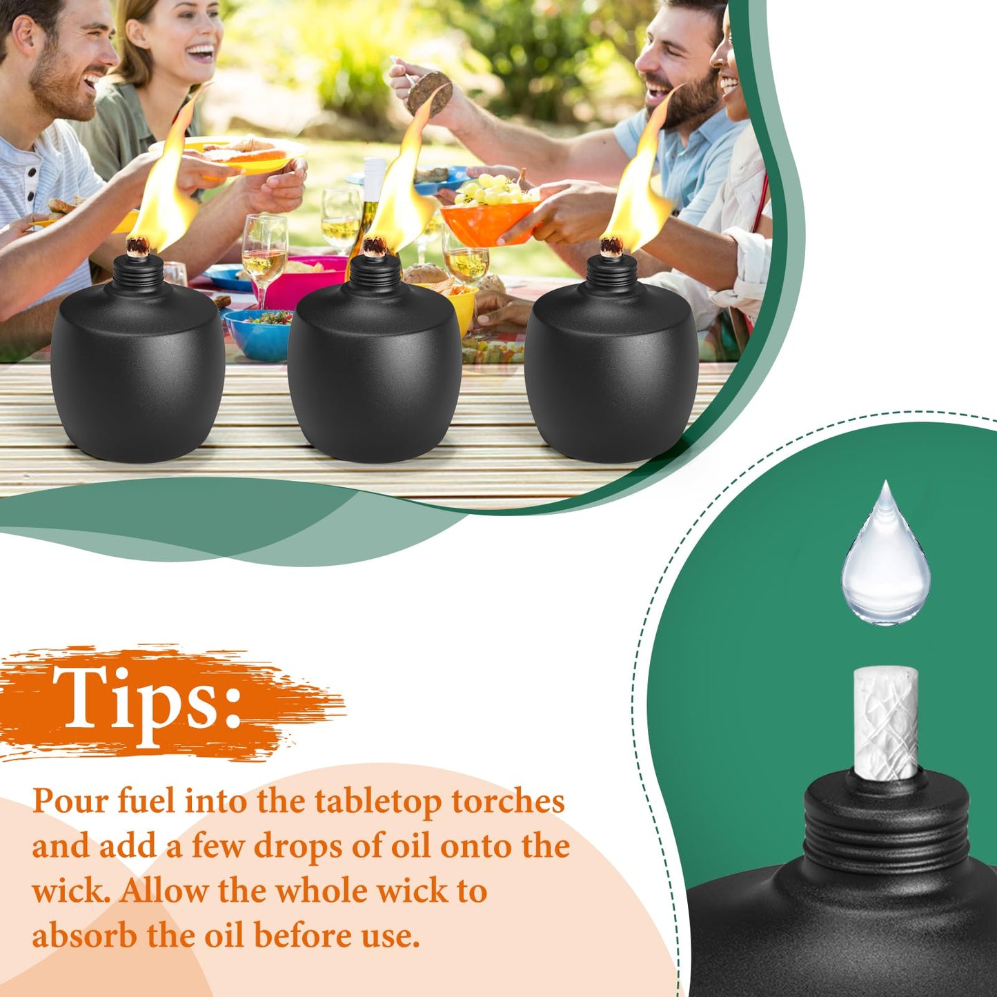 MQKIWAO 6-Pack Citronella Tabletop Torches, 21 oz Metal Oil Burner Candles, Black, for Outdoor Yard, Patio, Garden, Landscape