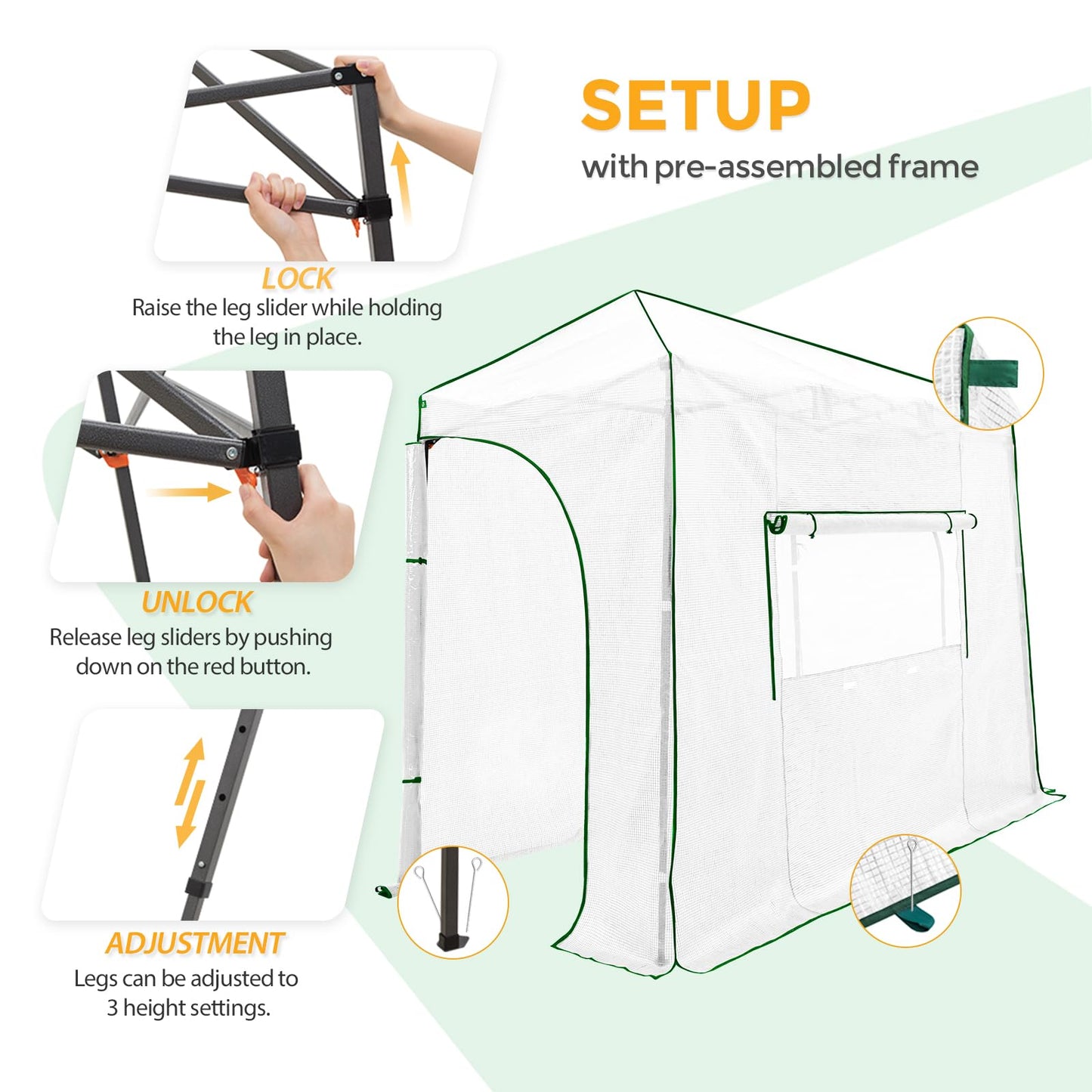 EAGLE PEAK 10x5 Portable Walk in Greenhouse, Pop Up Indoor Outdoor Greenhouse, Green House Kit with Zippered Roll-Up Doors and Windows, Lean-to Design, PE Cover, Clear/White