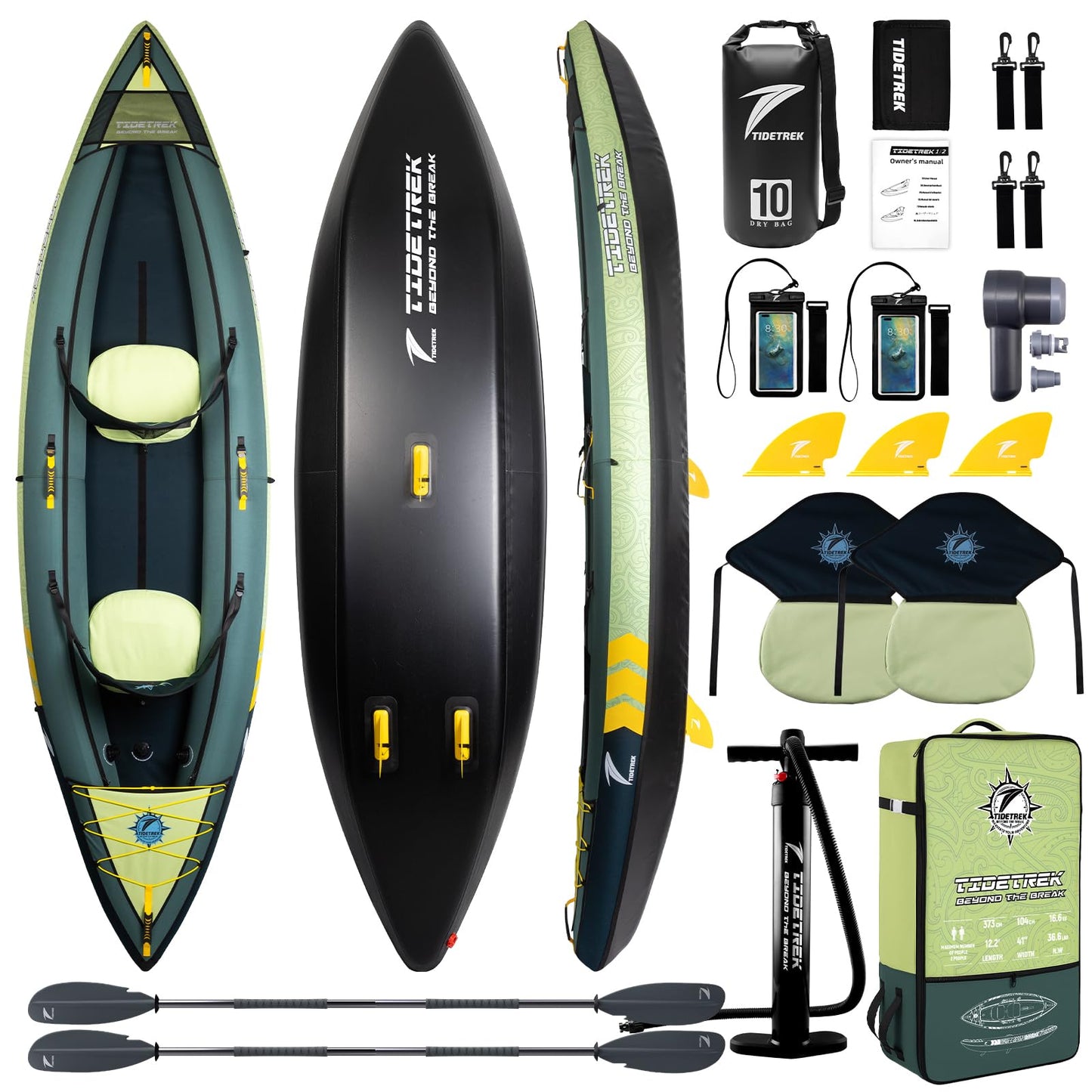 TIDETREK Inflatable Touring Kayak 1-Person & 2-Person with Waterproof Seat & Full Accessory Kit, Lightweight Recreational Kayak for Lake, River & Fishing (Jungle Trail, 2-Person(Tandem))