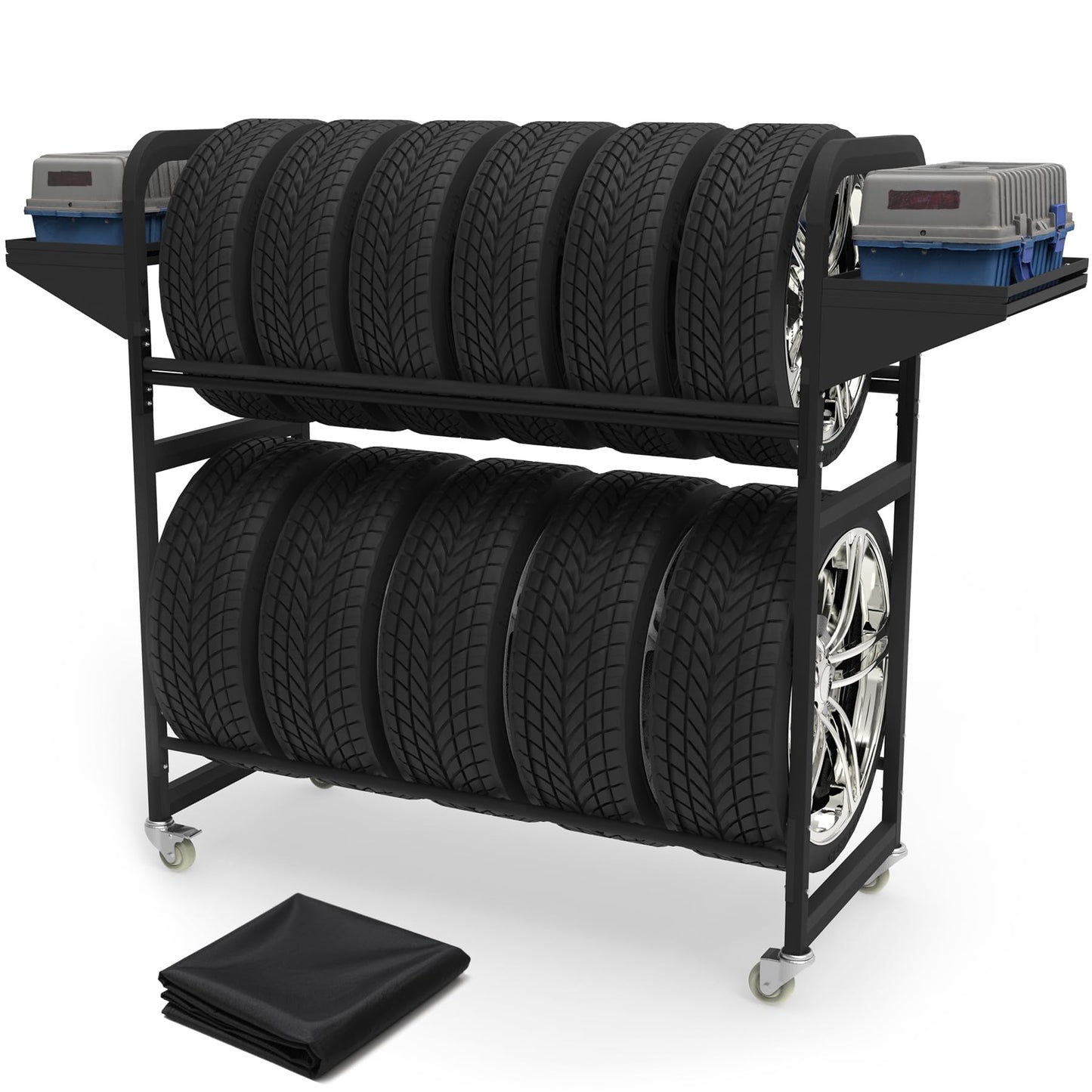 Neorexon Tire Storage Rack 57" x 55.1" x 20" w/Anti-dust Cover, Adjustable Rolling Tire Rack for Garage Black w/4 Swivel Casters & 2 Storage Shelf for Garage Storage