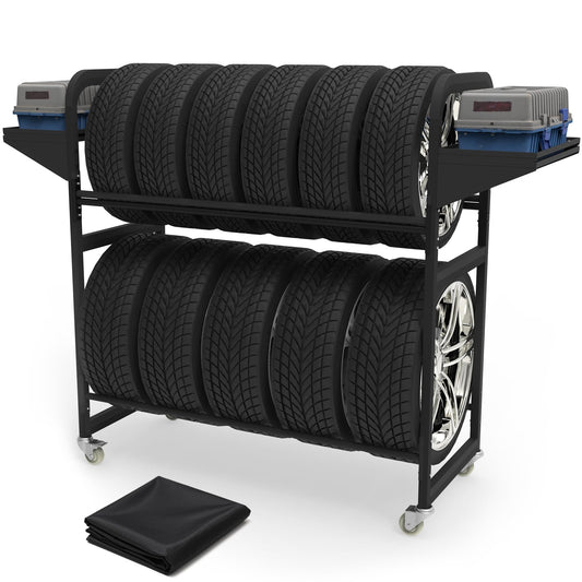 Neorexon Tire Storage Rack 57" x 55.1" x 20" w/Anti-dust Cover, Adjustable Rolling Tire Rack for Garage Black w/4 Swivel Casters & 2 Storage Shelf for Garage Storage