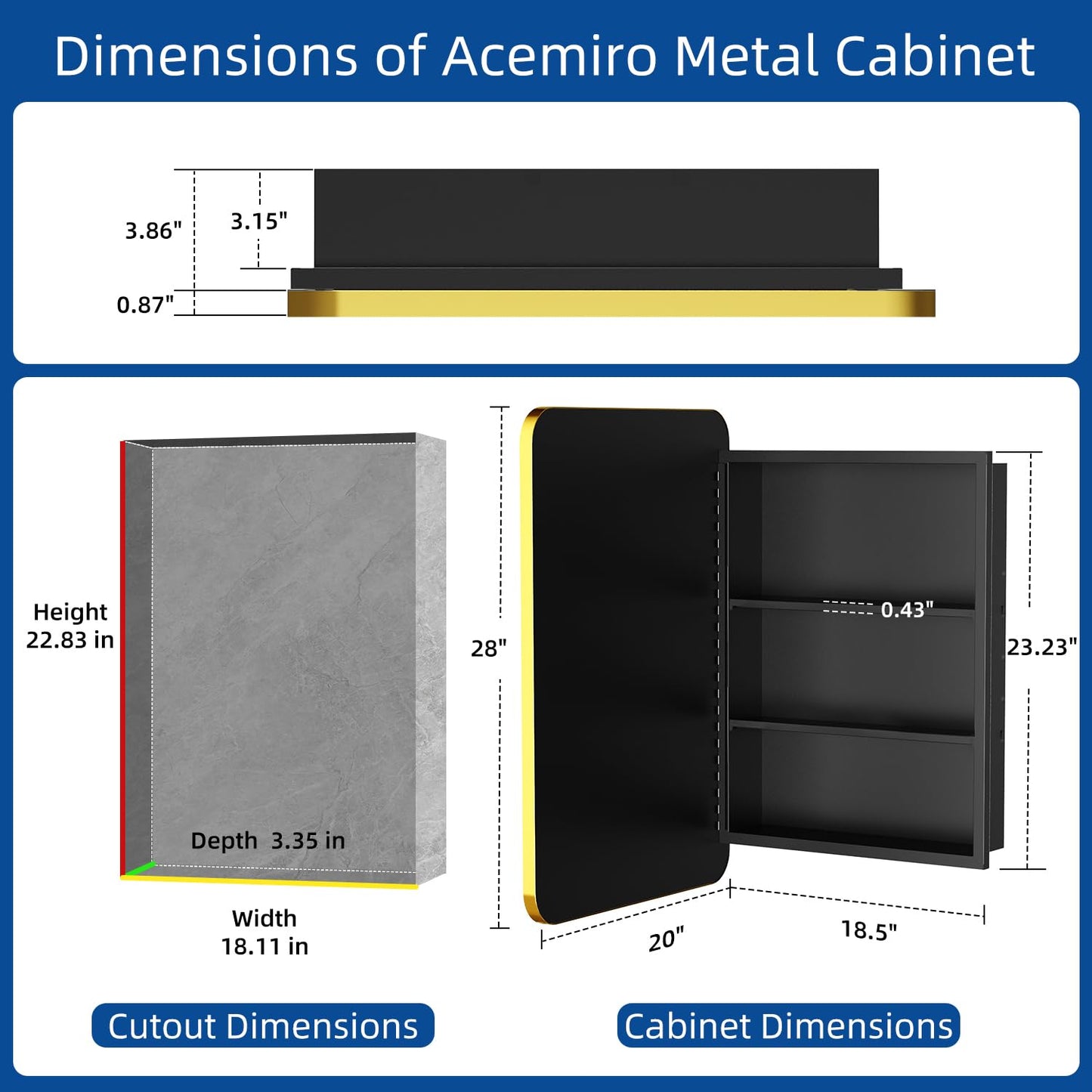 ACEMIRO 20x28 Inch Gold Recessed Medicine Cabinet with Mirror Metal Framed Surface Wall Mounted Bathroom Medicine Cabinet Mirror with Storage