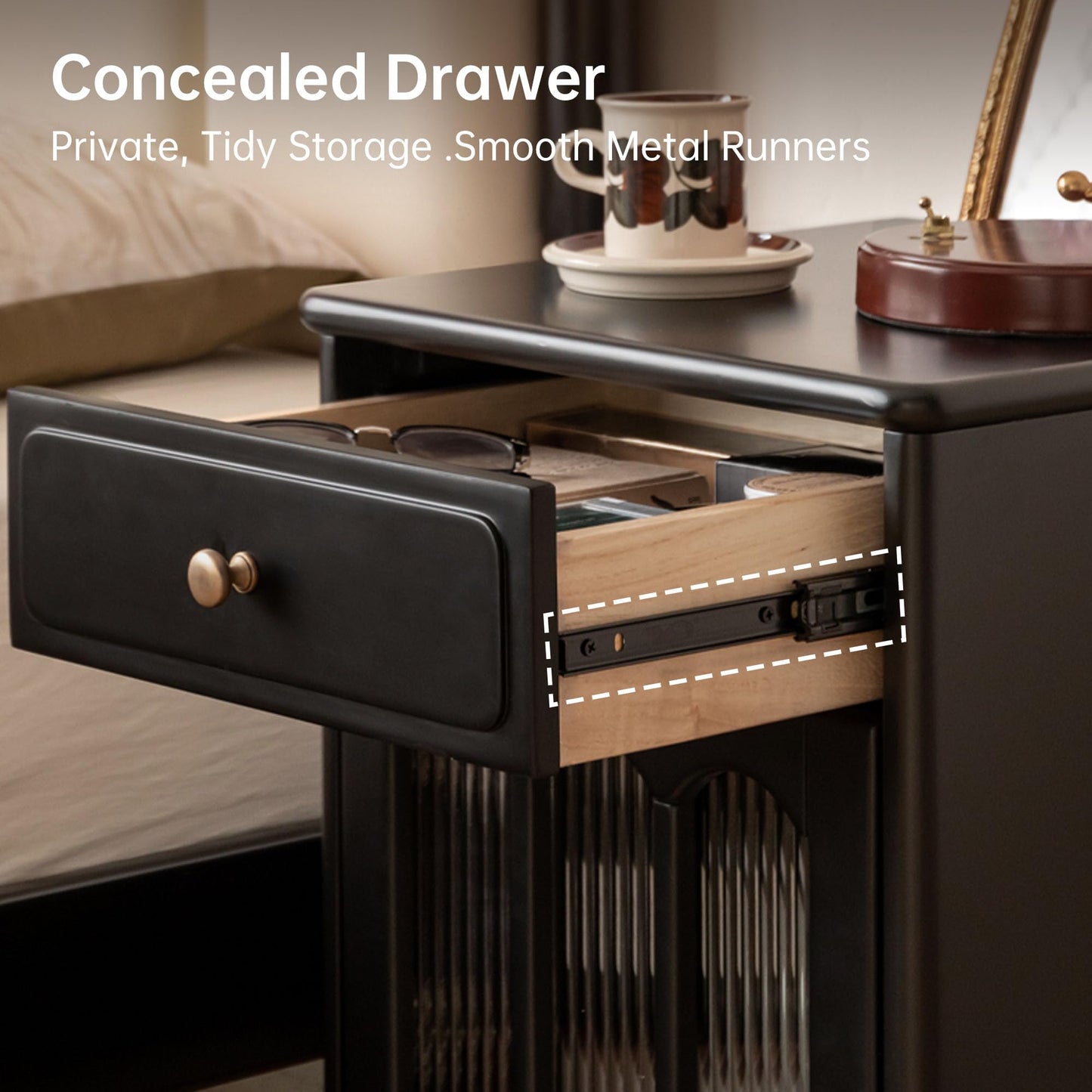 YESWOOD 100% Solid Wood Nightstand with Drawer and Fluted Glass Door – Mid Century Modern Farmhouse Bedside Table, Wooden Storage Cabinet, Black, Right-Opening Door, 15.75" D x 16.54" W x 22.83" H