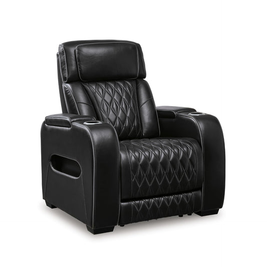 Signature Design by Ashley Boyington Contemporary Leather Match Power Recliner with Adjustable Headrest, Cup Holders, USB Port and Air Massage System, Black
