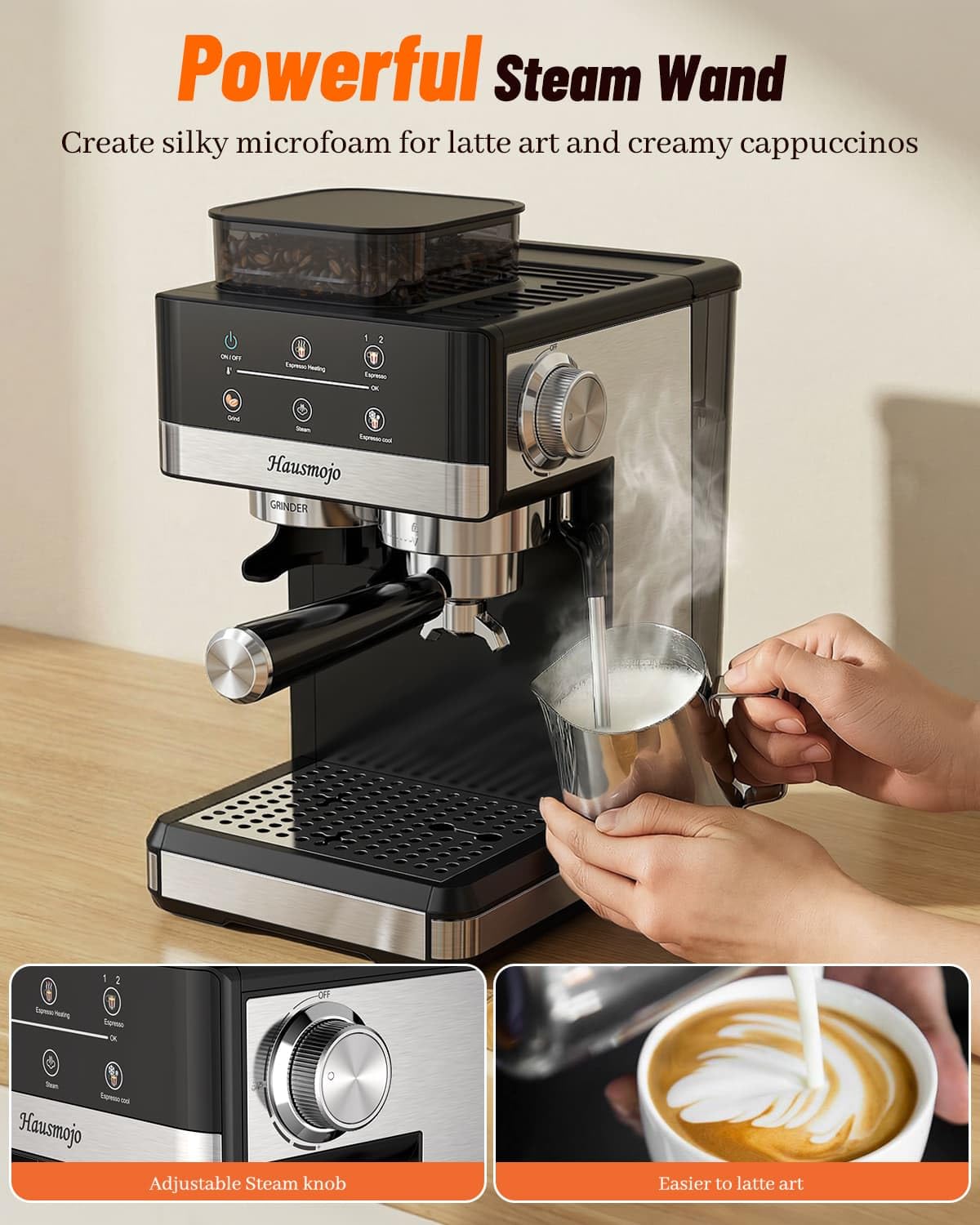 Hausmojo Espresso Machine with Grinder & Milk Frother, 20 Bar